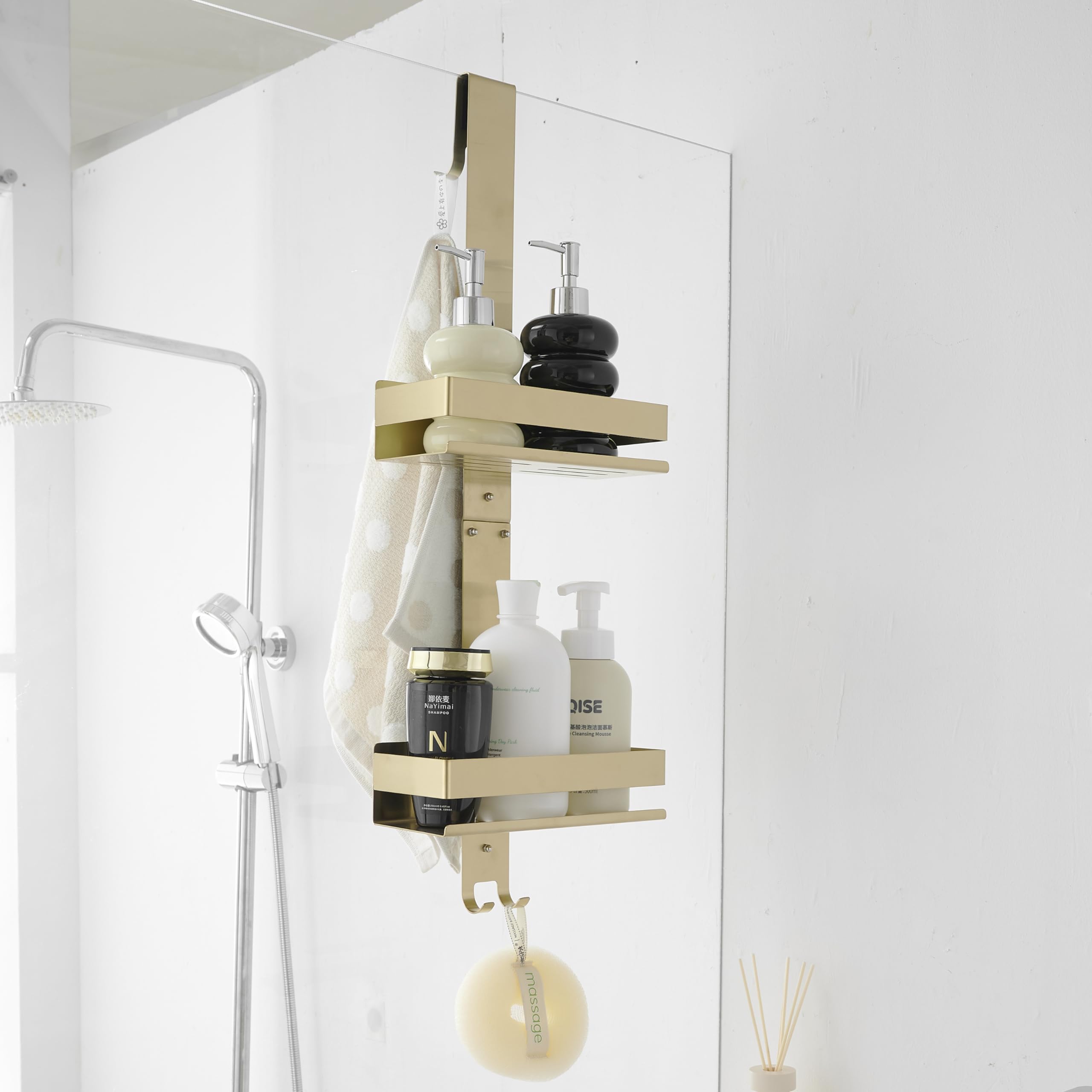 Beelee Over Door Shower Caddy – 2-Tier Brushed Gold Stainless Steel Rack