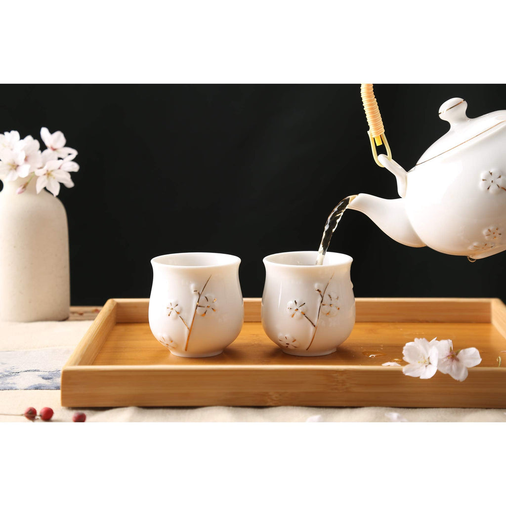 Dujust Japanese White Porcelain Tea Set with Teapot, 6 Cups & Tray