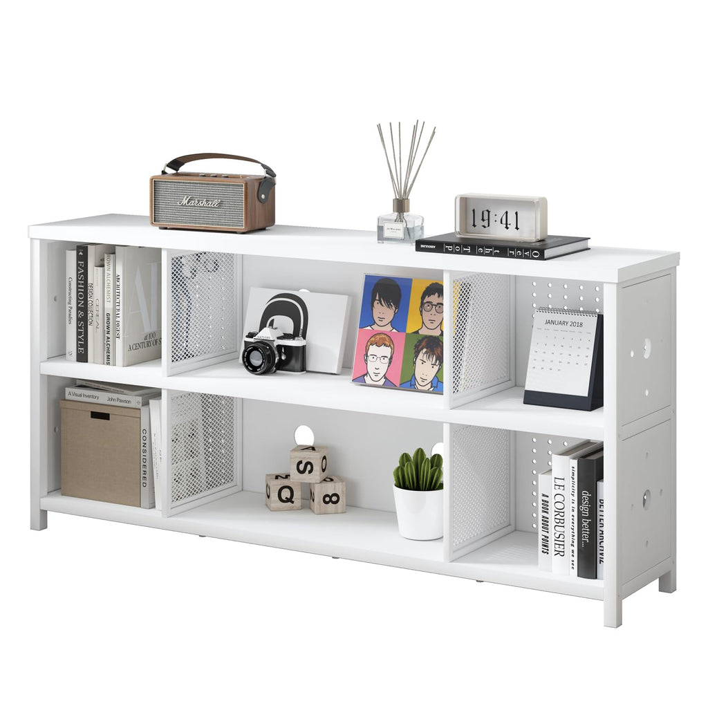 LVB White Horizontal Bookcase, Modern Bookshelf Cube Storage Organizer, Farmhouse Wide Large Wood Metal Book Shelf - image 1