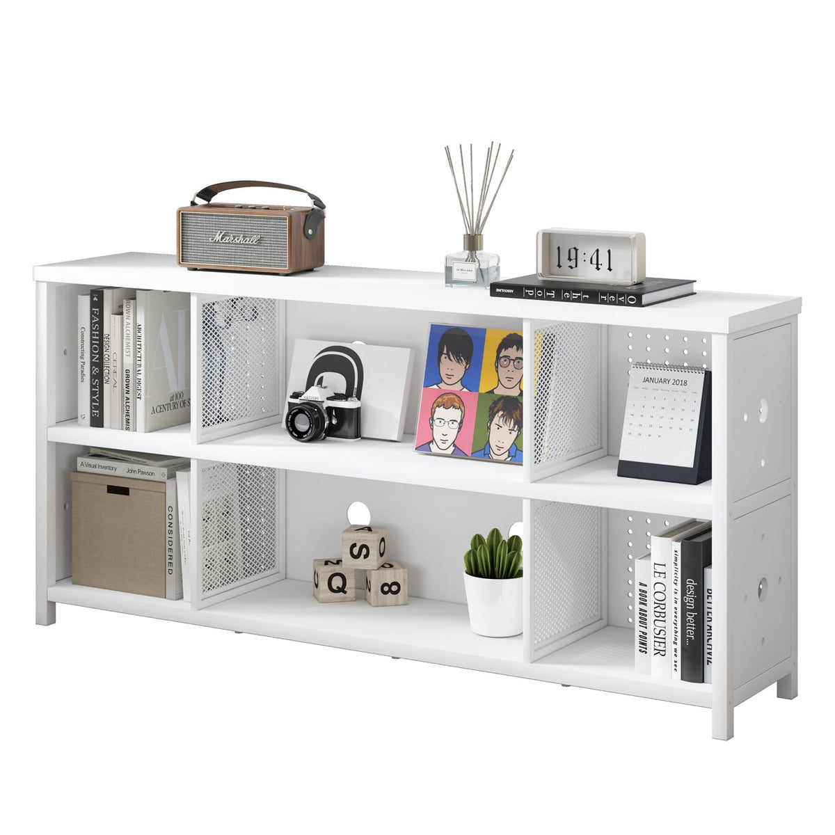 LVB White Horizontal Bookcase, Modern Bookshelf Cube Storage Organizer, Farmhouse Wide Large Wood Metal Book Shelf - image 1