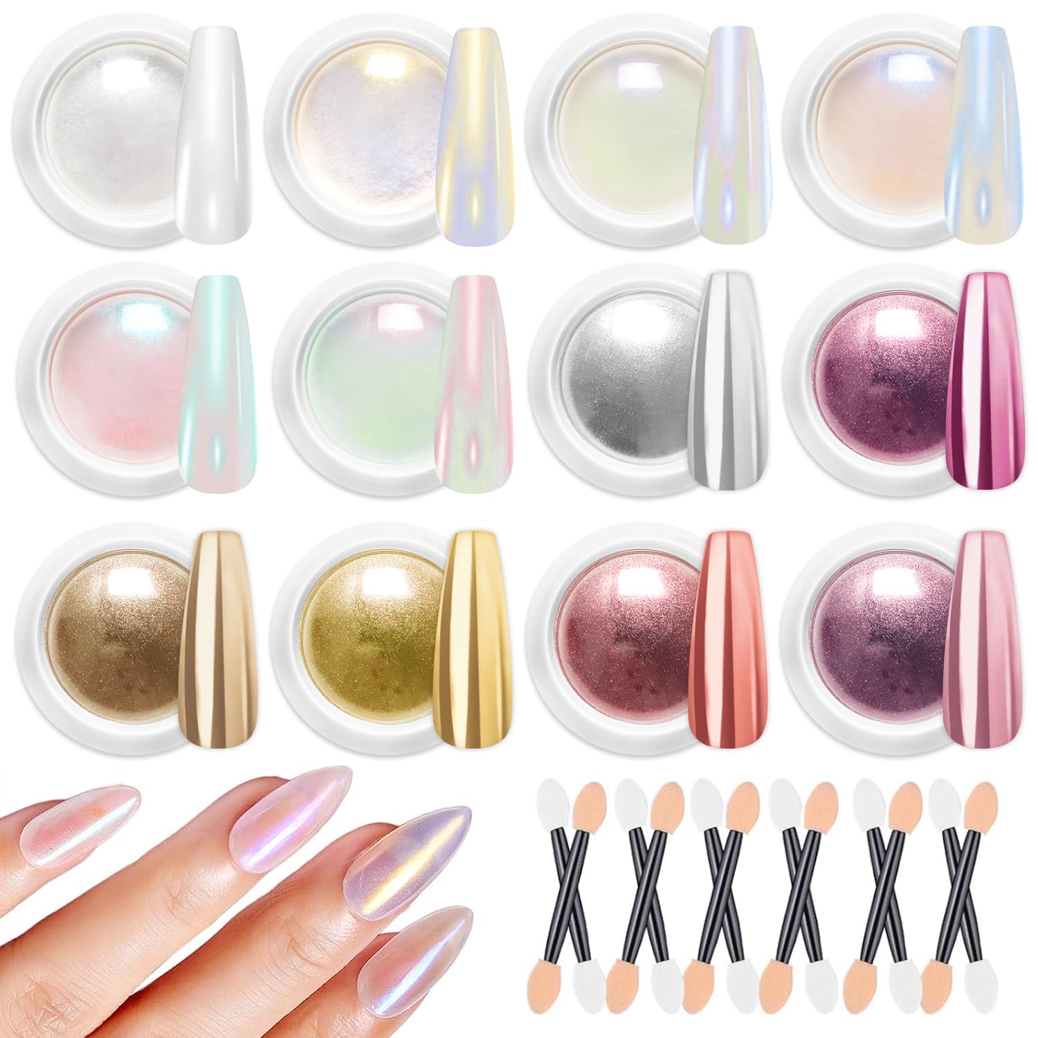 BISHENGYF 12Pcs Chrome Nail Powder – Metallic Mirror & Aurora Effect