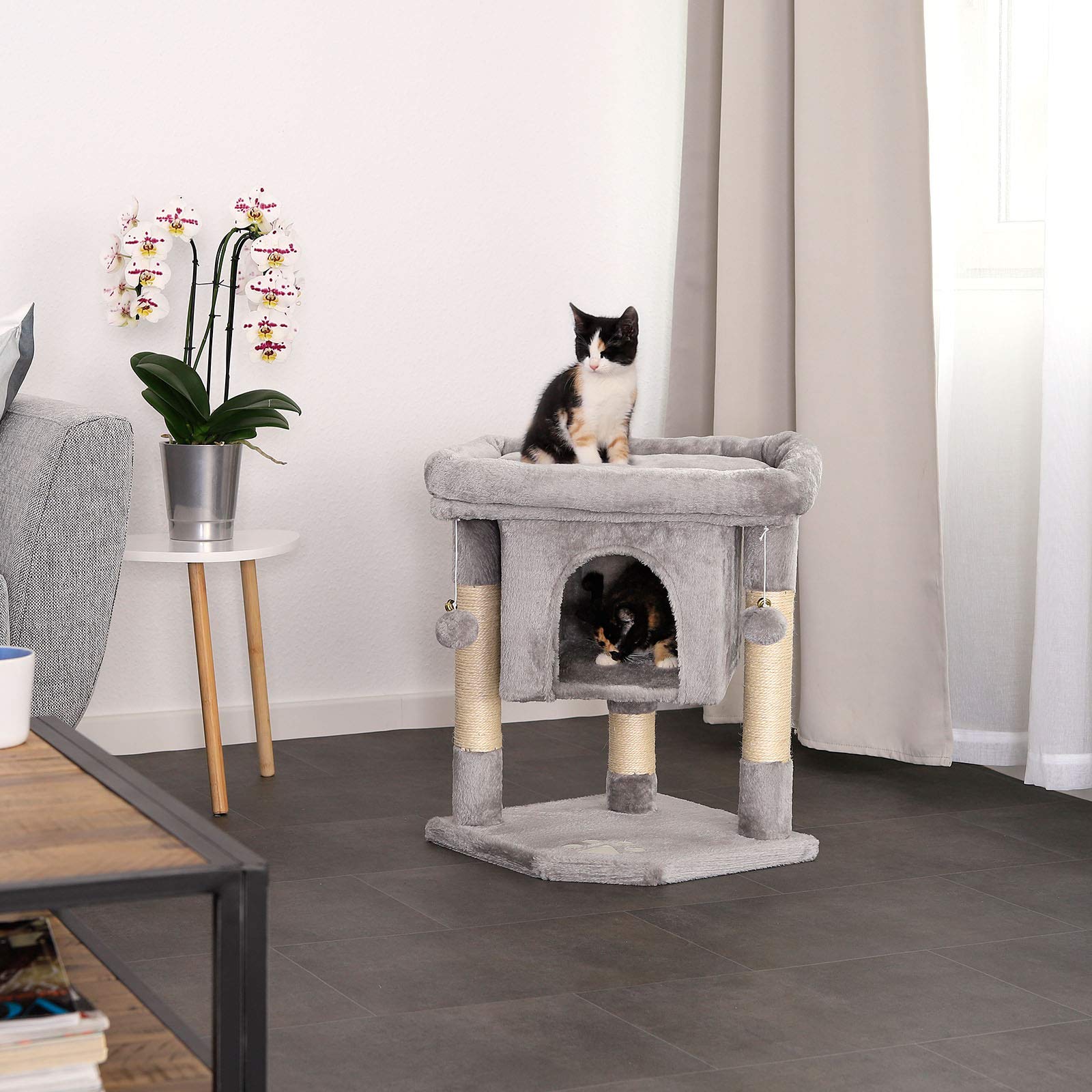 lionto Cat Scratching Tree with Cave & Sisal Rope – 60 cm Plush Cat Tower