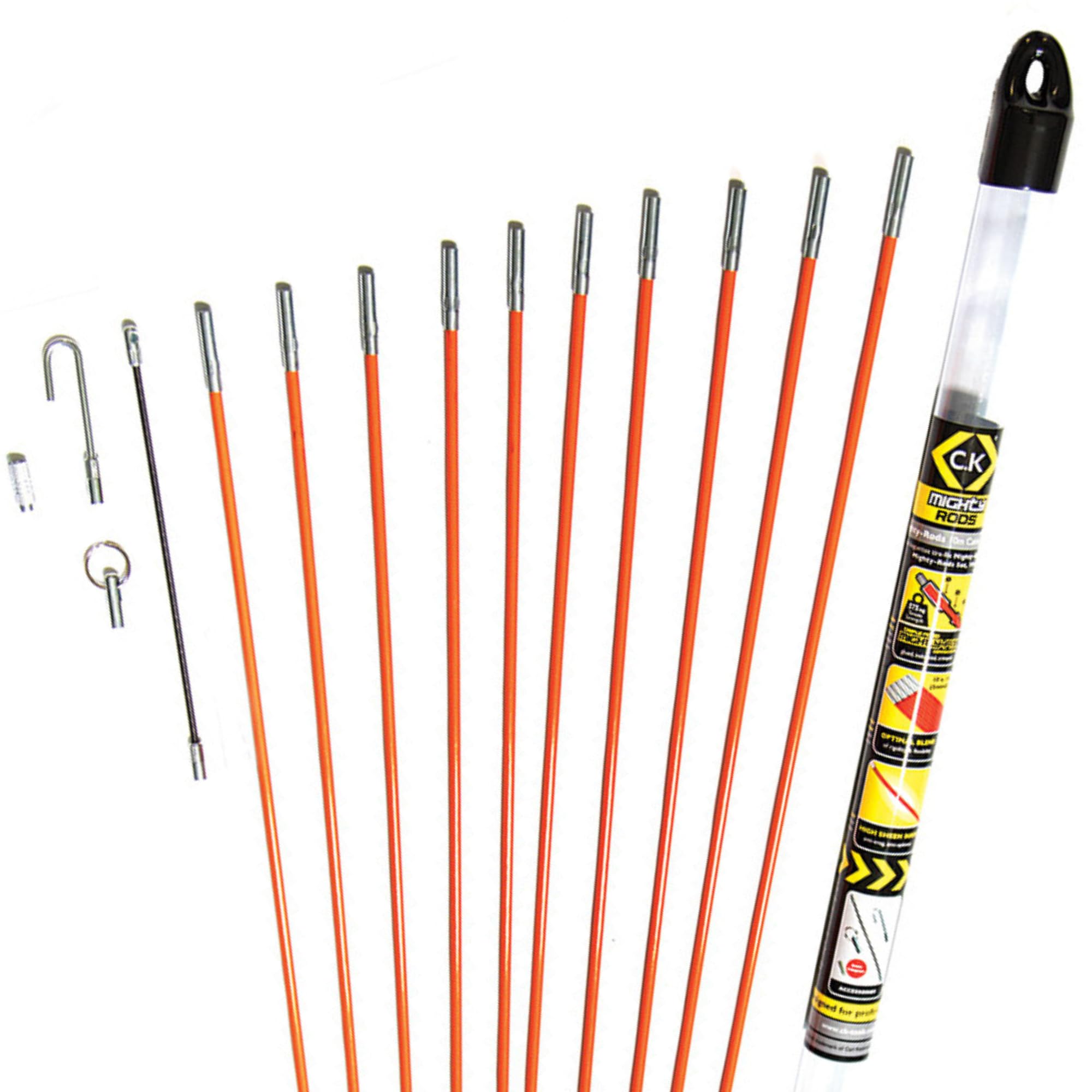 C.K T5410 Mighty Cable Rod Set | 14-Piece Wire Routing Kit – Orange/White