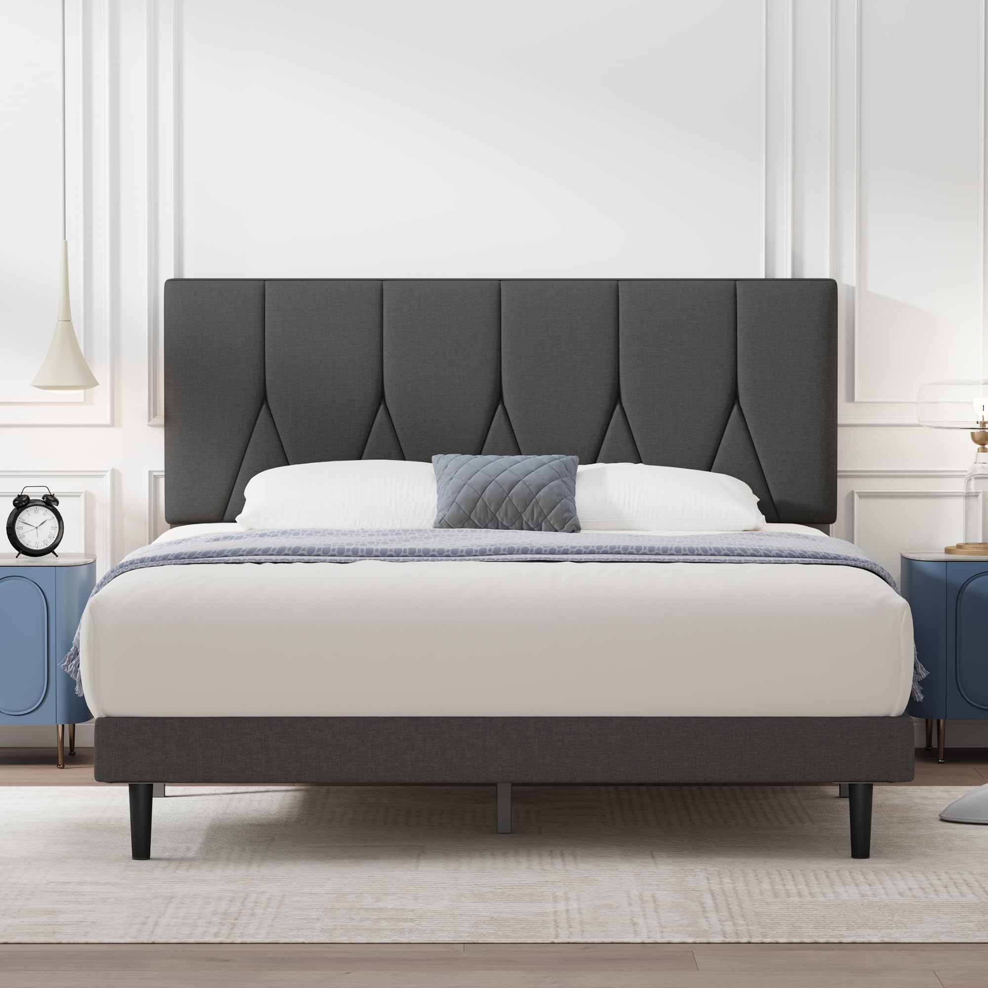 Yocreat Single Upholstered Bed Frame with Headboard and Storage - Dark Grey