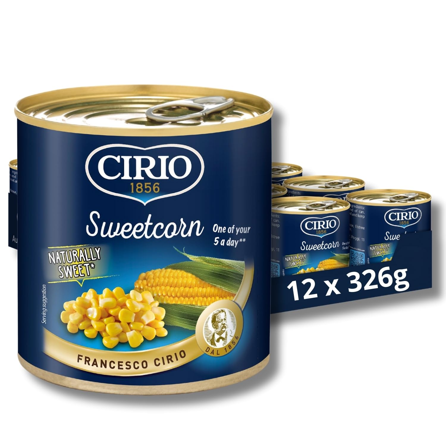 Cirio Sweetcorn Kernels – Steam Cooked Canned Corn, 326g (Pack of 12)