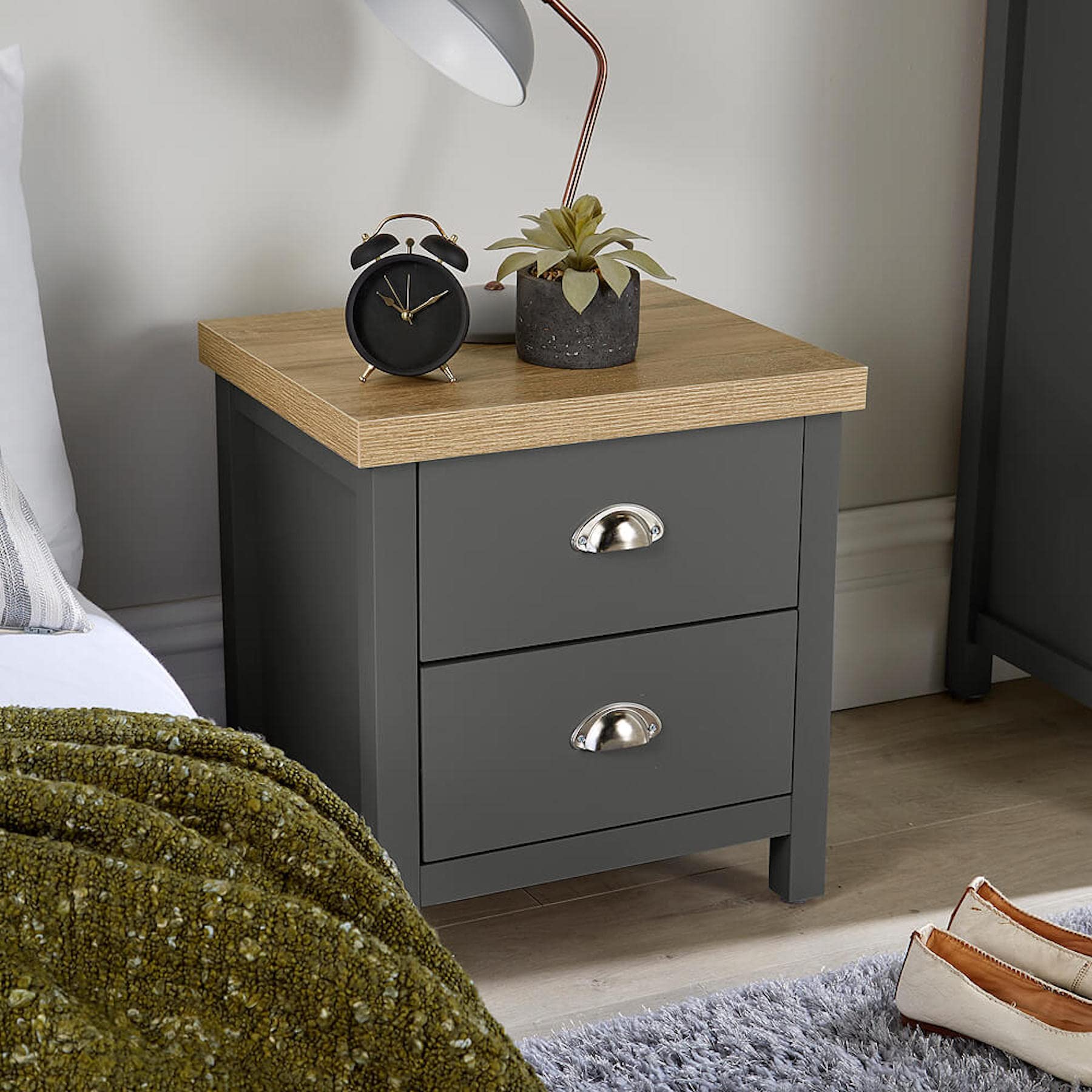 Bedside Table - 2 Drawer Oak Effect & Dark Grey Nightstand