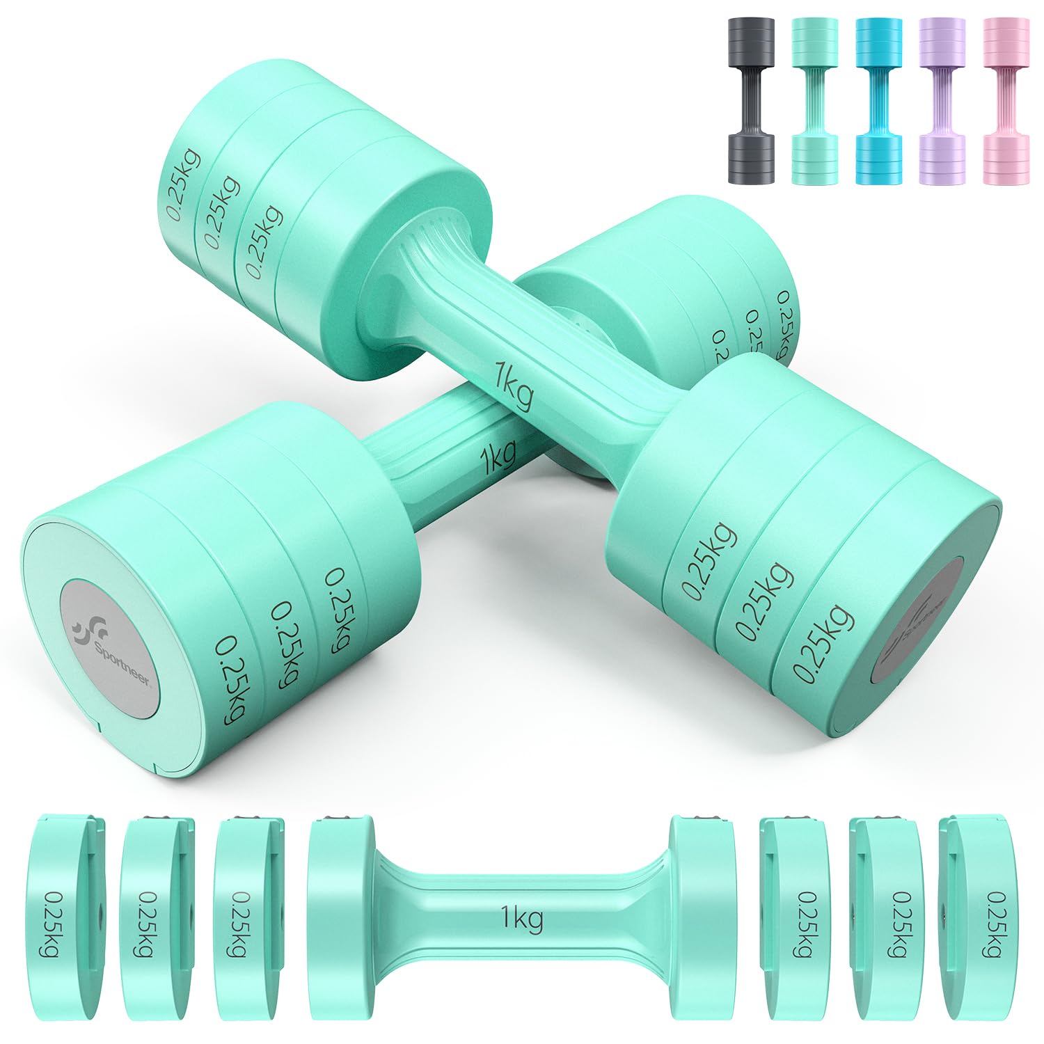 Sportneer Adjustable Dumbbells Set | 2kg-5kg Pair for Women | Sky Blue