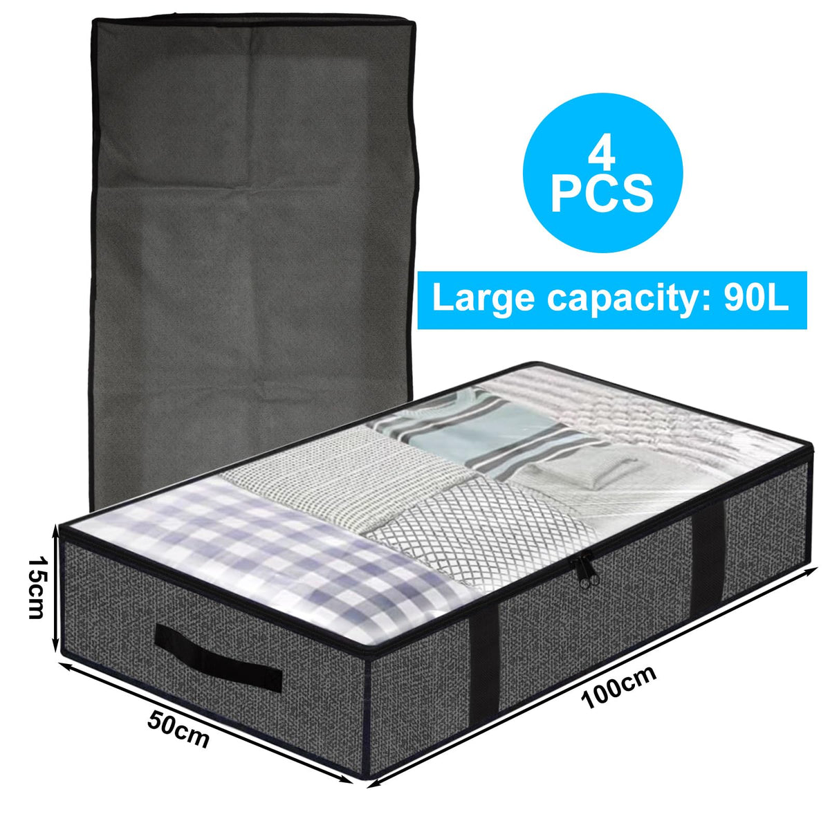 ASelected 90L Under Bed Storage 4pcs Foldable under bed storage PVC Window Clothes Storage Organiser Zips andHandles for Duvets, Clothes, Shoes - image 2