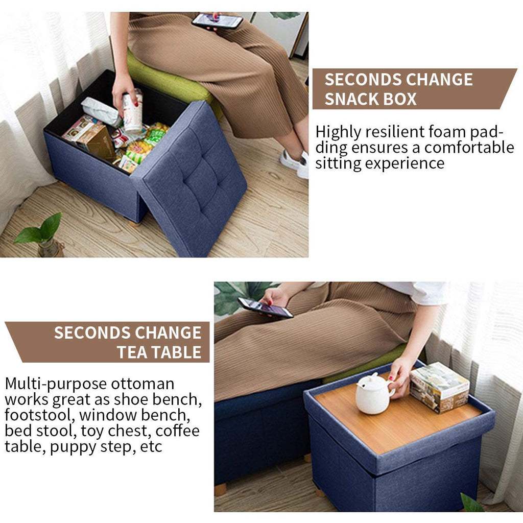 BRIAN & DANY Folding Storage Ottoman with Wood Legs - Navy Blue Linen
