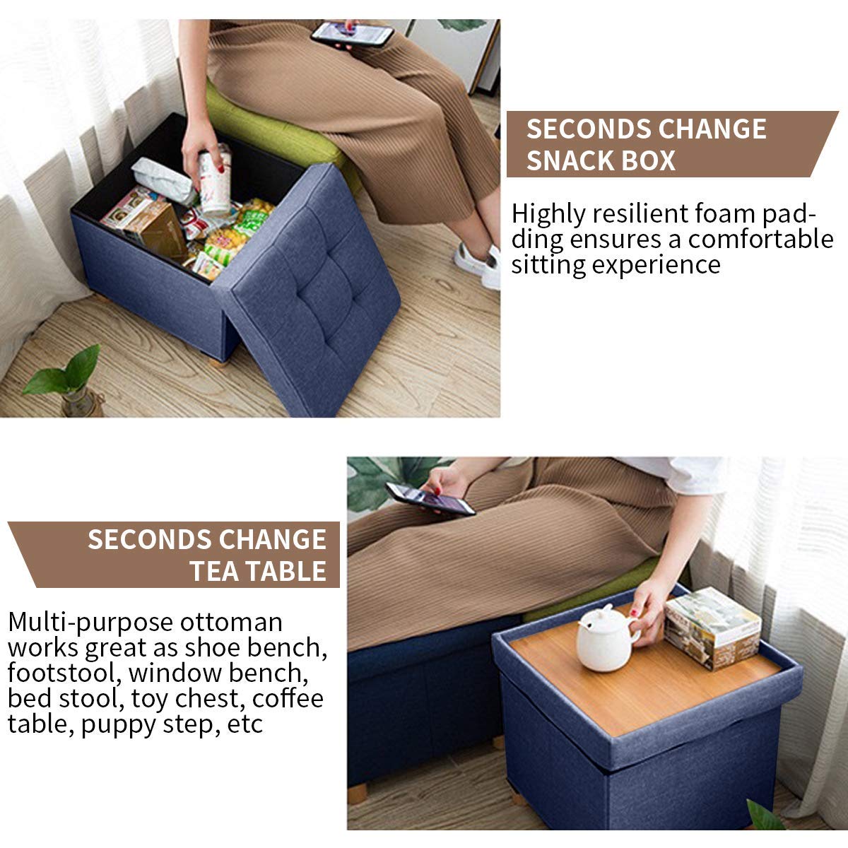 BRIAN & DANY Folding Storage Ottoman with Wood Legs - Navy Blue Linen