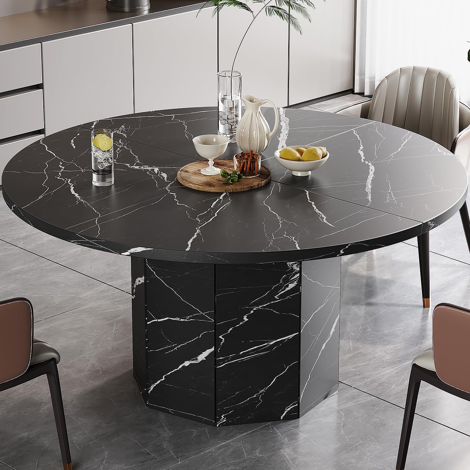 HSH Round Black Faux Marble Dining Table for 4-6 People, 120cm