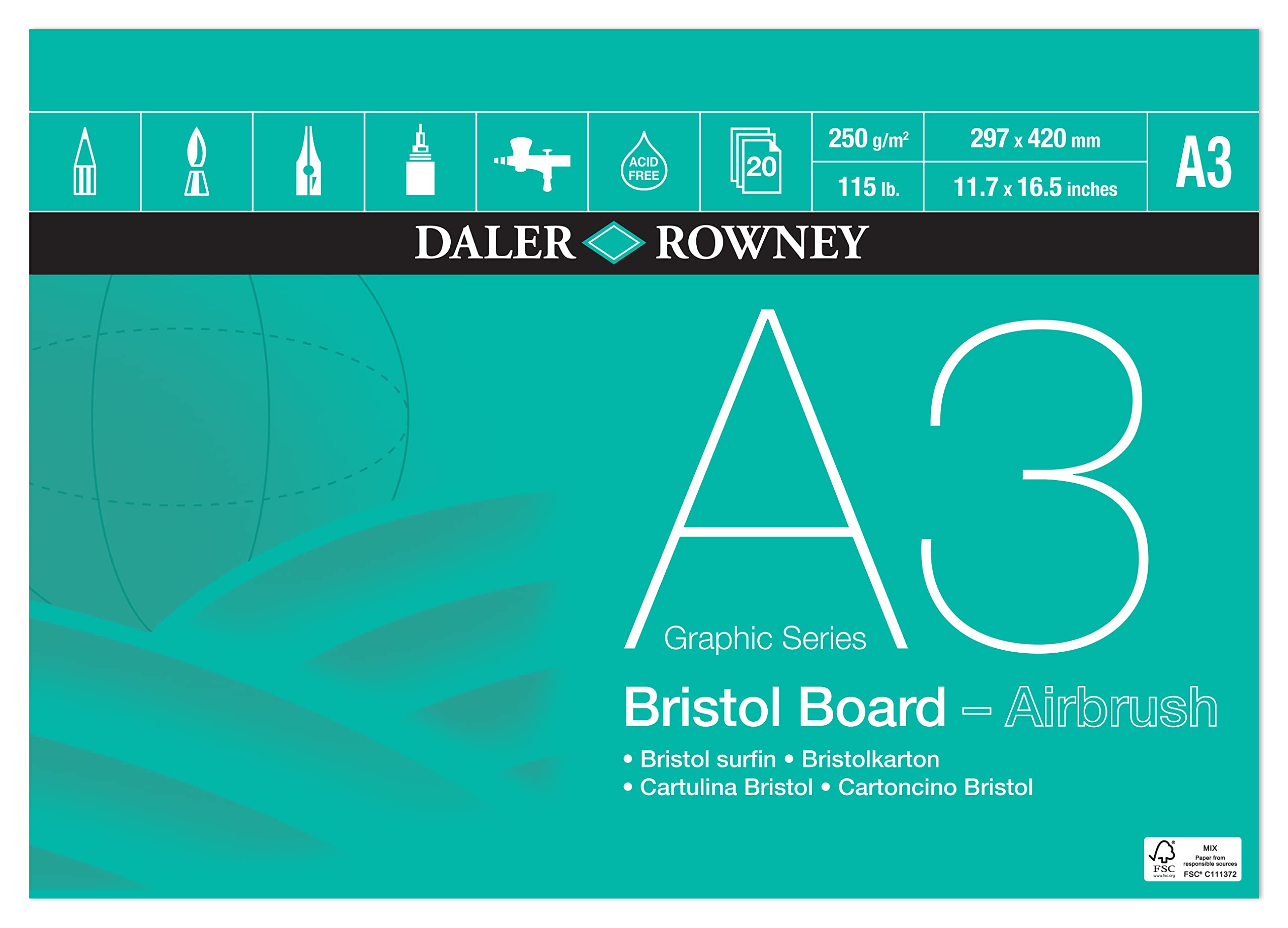 Daler-Rowney A3 Bristol Board Pad - Smooth 250gsm Paper, 20 Sheets