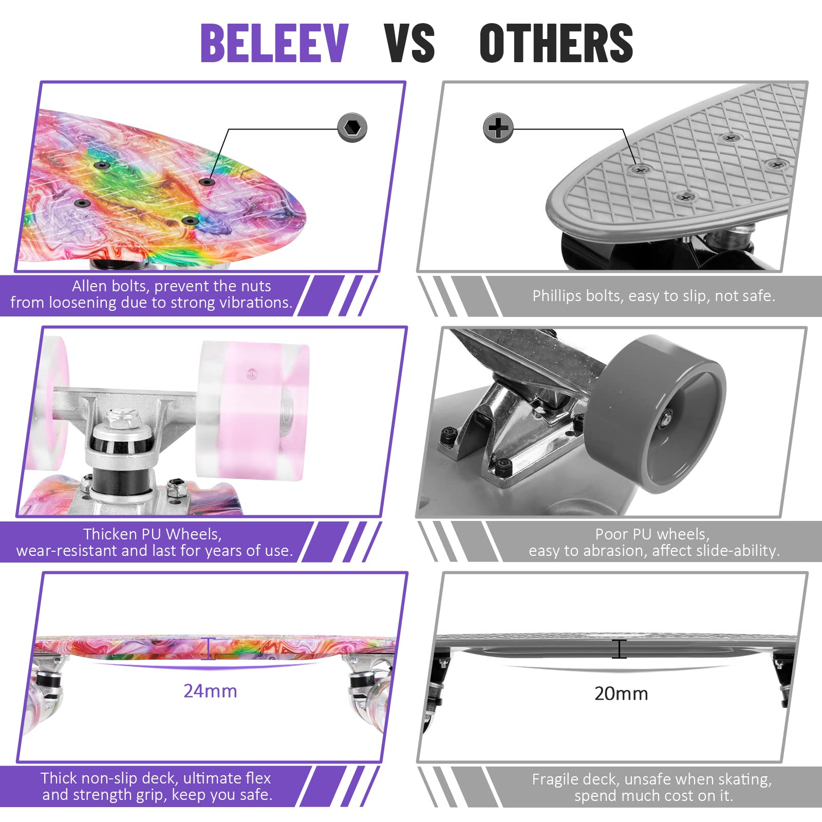 BELEEV 22 Inch Cruiser Skateboard with LED Light Up Wheels for Beginners