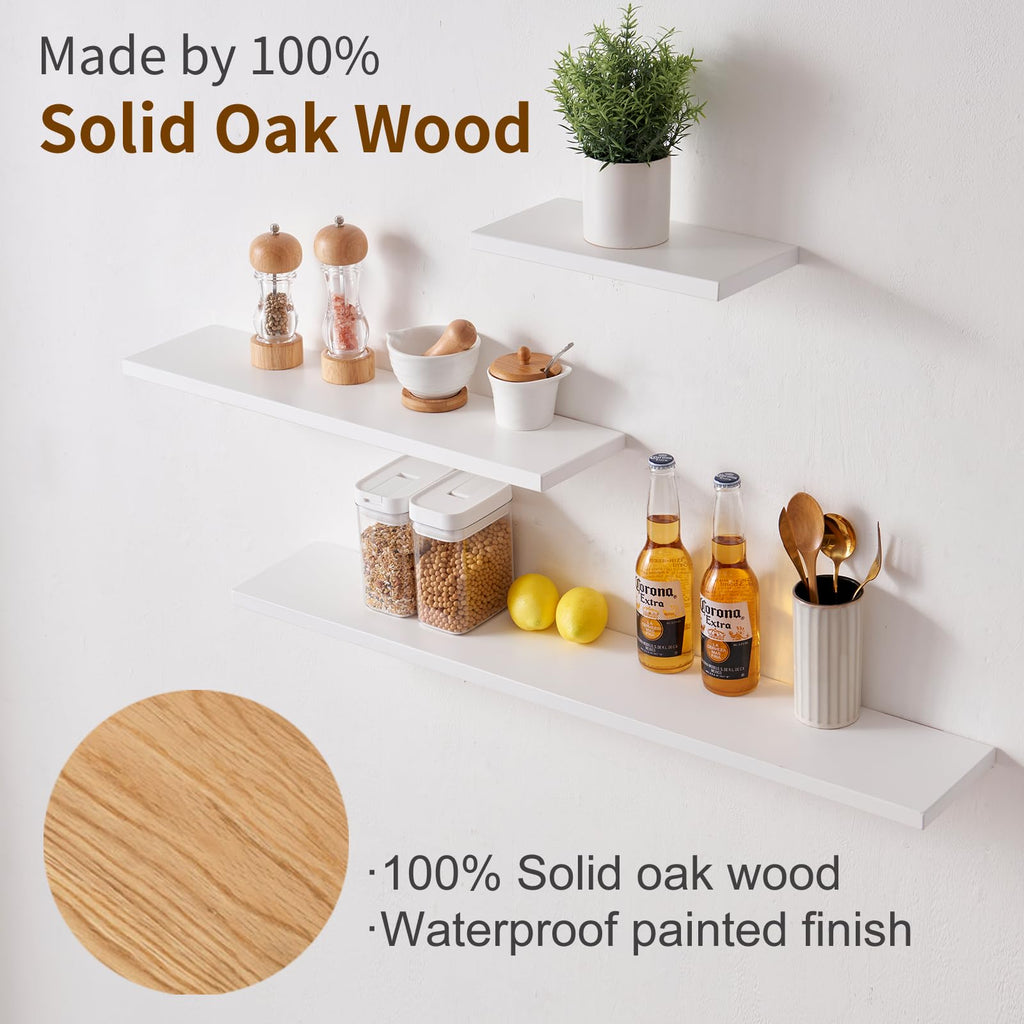 Gieanoo 60cm White Floating Shelf | Solid Oak Wood Wall Mounted Ledge