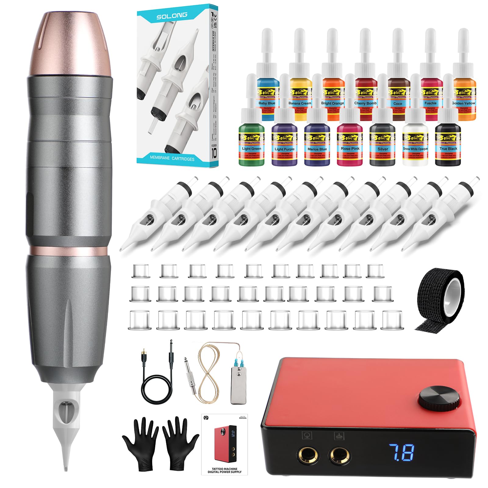 Solong Professional Rotary Tattoo Machine Kit | 14 Inks & LCD Power Supply