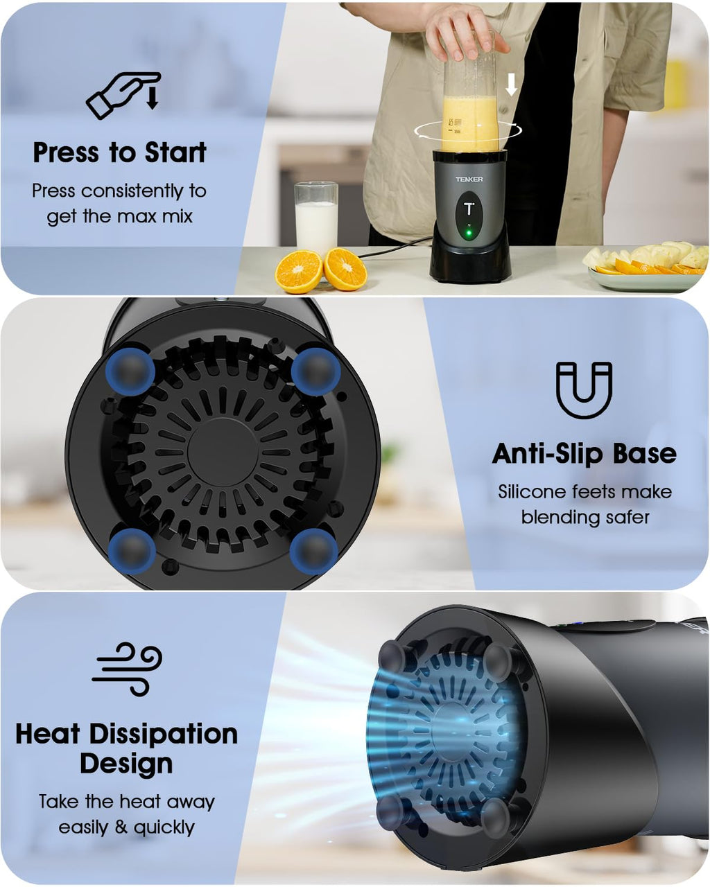 TENKER 900W Personal Smoothie Maker – Portable Mini Blender with Grinder