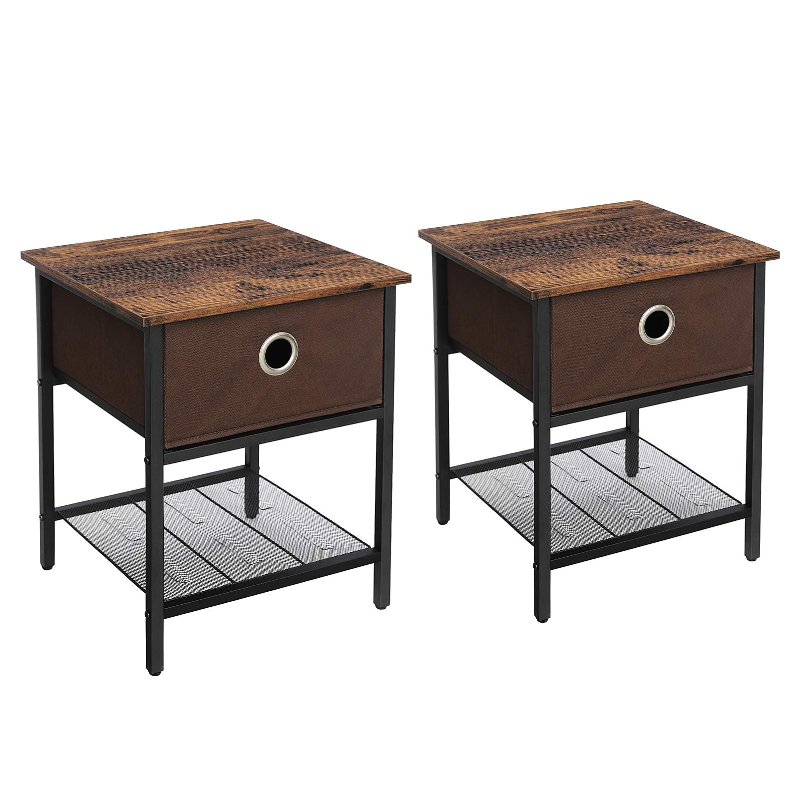 VASAGLE Set of 2 End Tables – Rustic Side Tables with Fabric Drawers