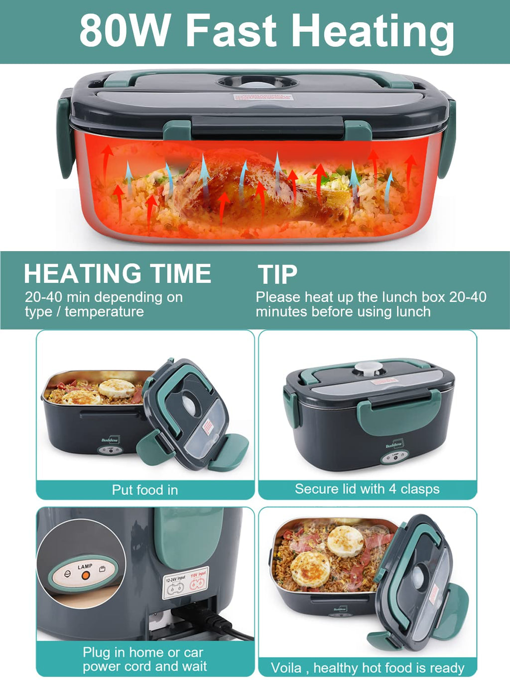 Buddew Electric Lunch Box – 80W Portable Food Warmer for Car, Truck & Office