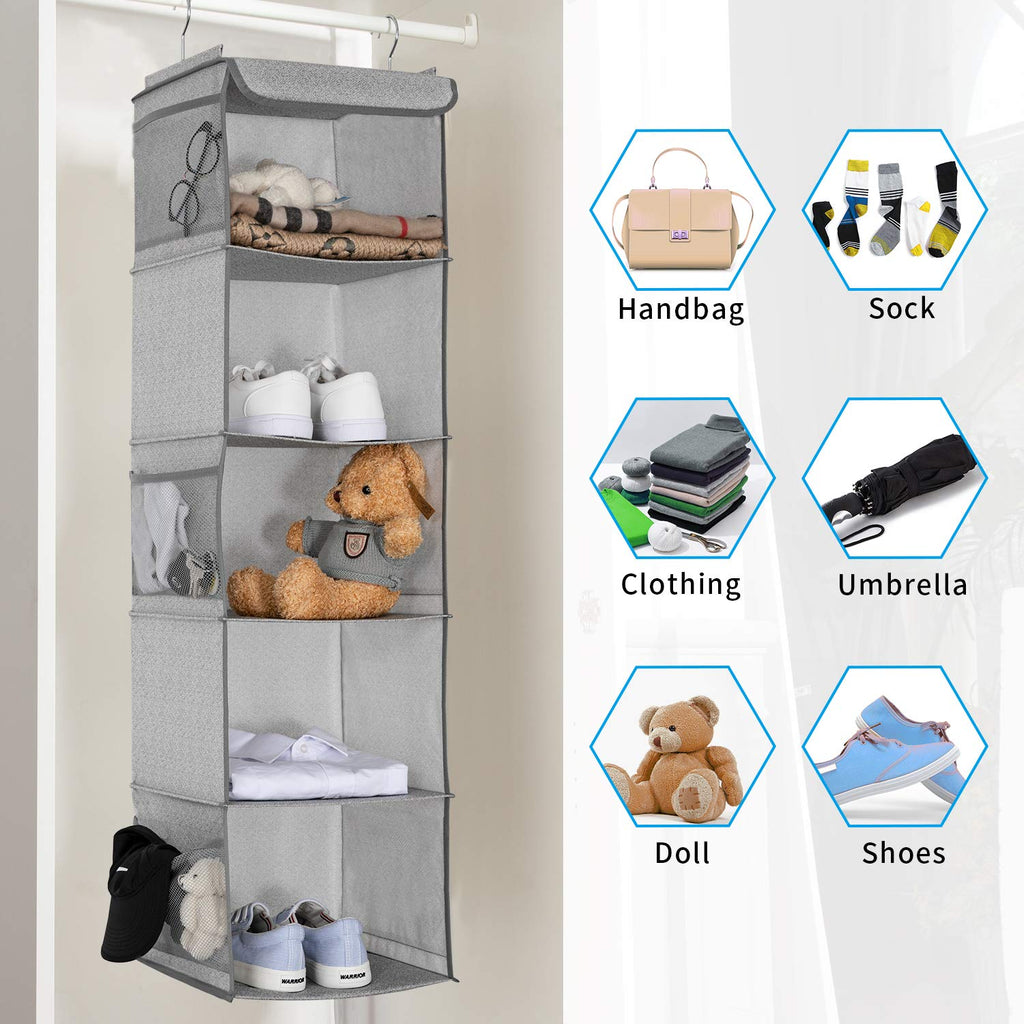 BrilliantJo Hanging Wardrobe Closet Storage with 5 Shelves Organiser, Storage Shelves Unit with 6 Pockets for Clothes - Light Grey30 x 30 x 108cm - image 3