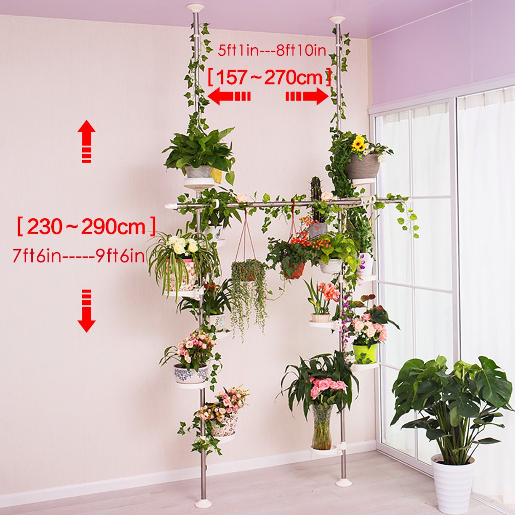 BAOYOUNI Tension Pole Plant Stand | 12-Tray Metal Corner Flower Rack