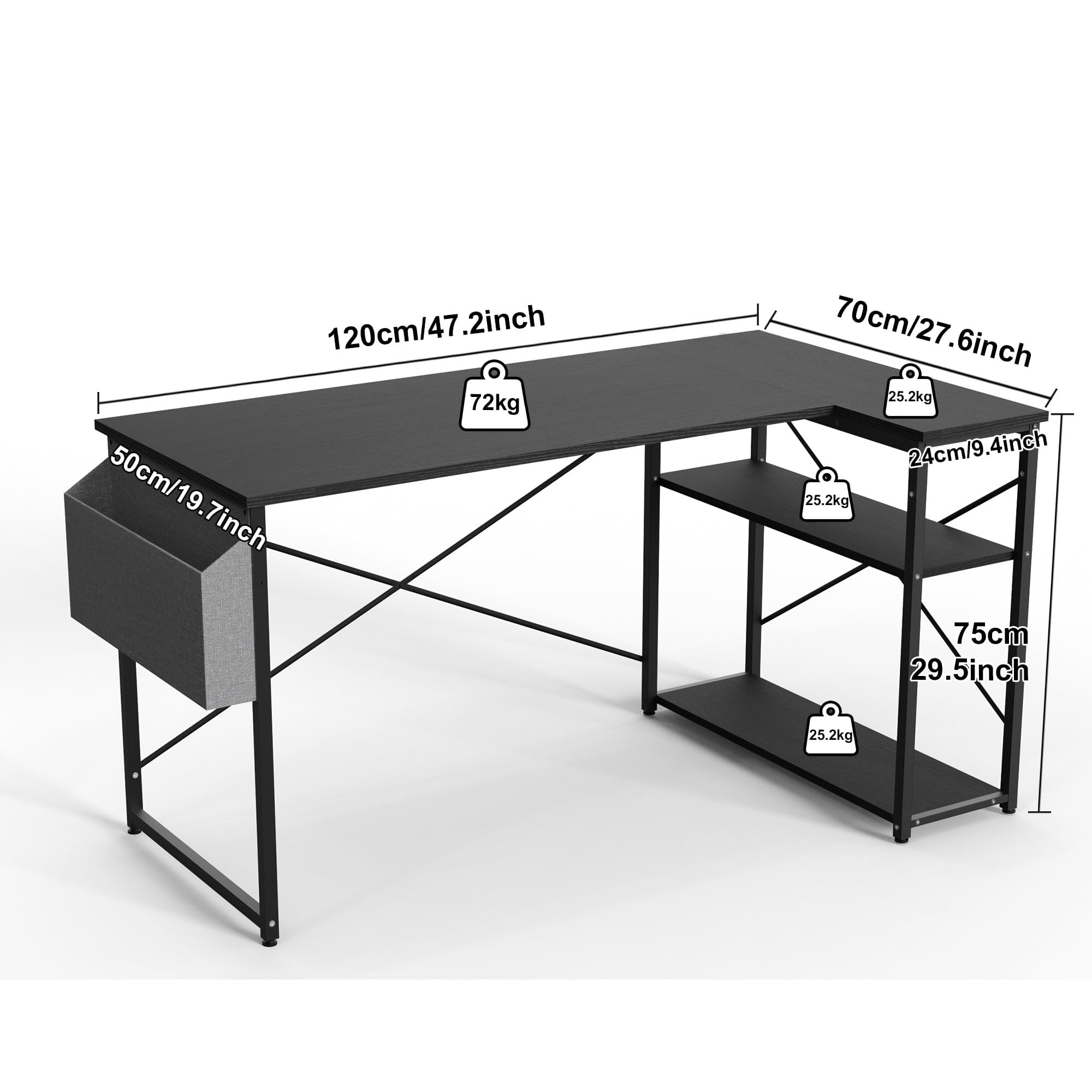 BEXEVUE L-Shaped Gaming Desk – 120x70cm Computer Table with Shelves