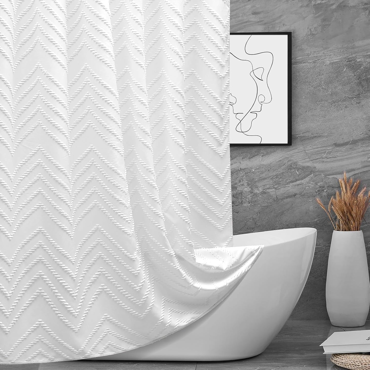 White Boho Shower Curtain – 72x72 Tufted Chevron Fabric
