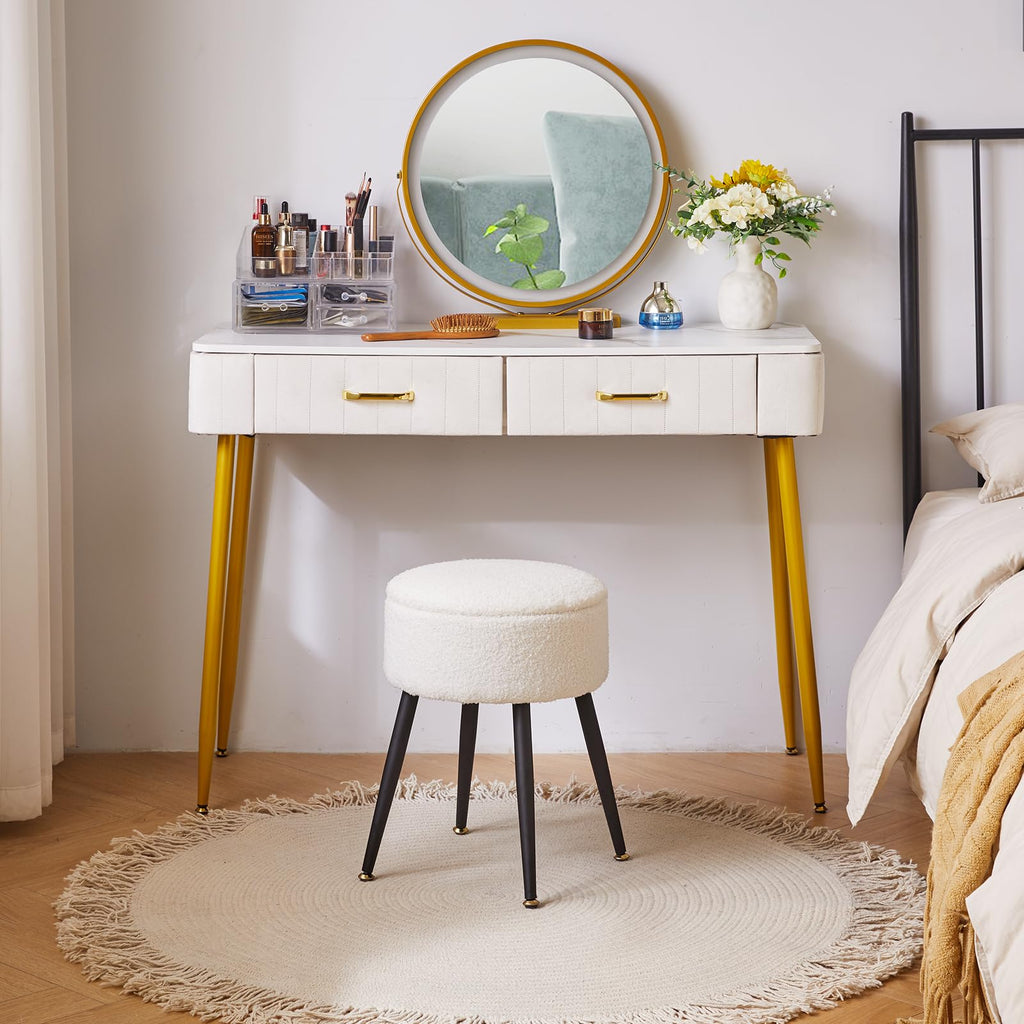 Aibiju Round Storage Vanity Stool | Faux Teddy Fur Makeup Chair with Metal Legs