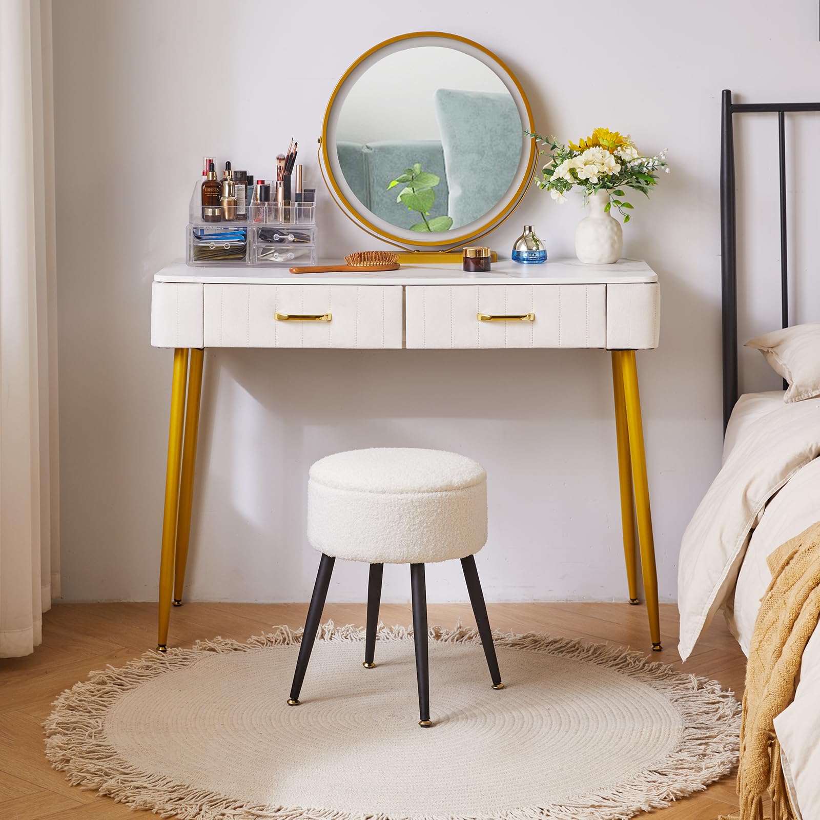 Aibiju Round Storage Vanity Stool | Faux Teddy Fur Makeup Chair with Metal Legs