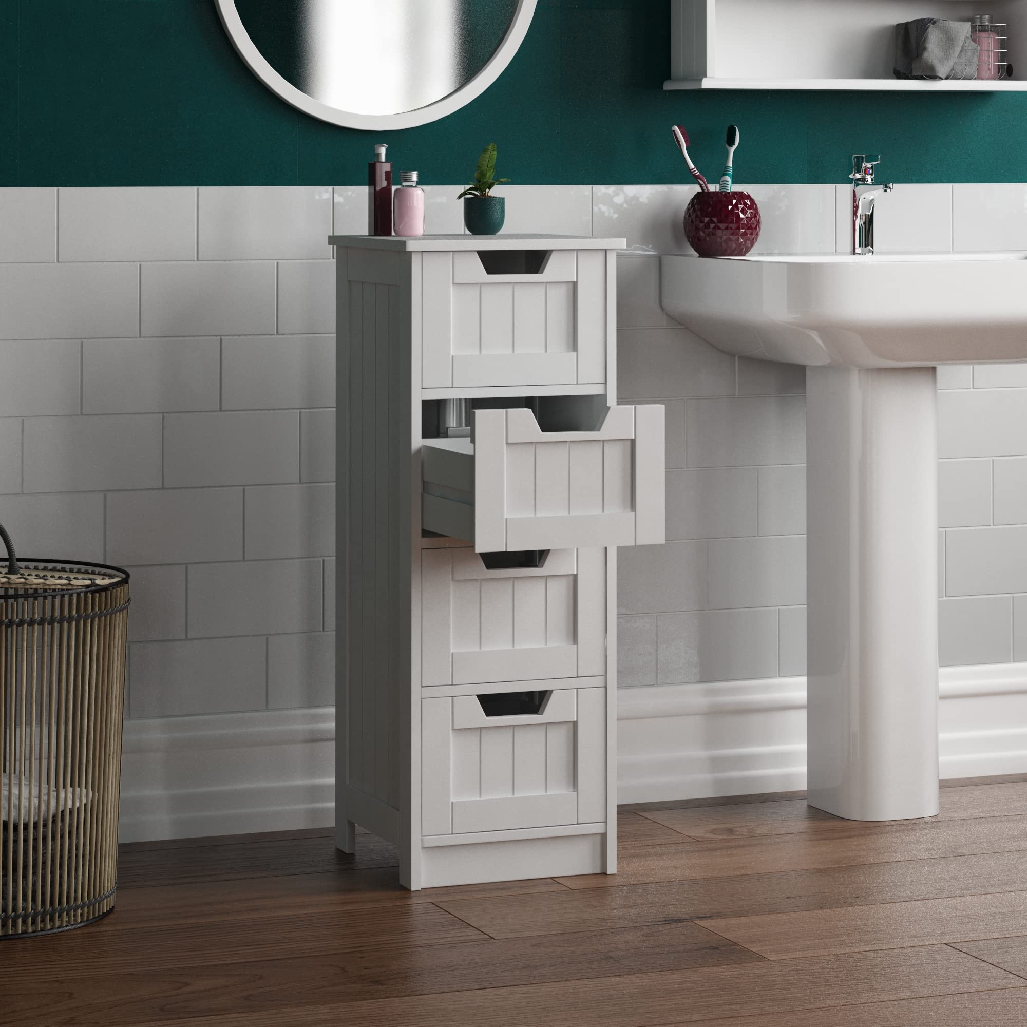 Bath Vida 4-Drawer White Bathroom Storage Cabinet – Wood Floor Unit