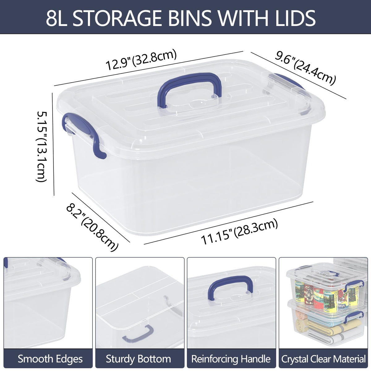 Tyminin 6 Packs Clear Plastic Storage Boxes with Clear Lids, Small Latch Bins, 8 Litre, T - image 2