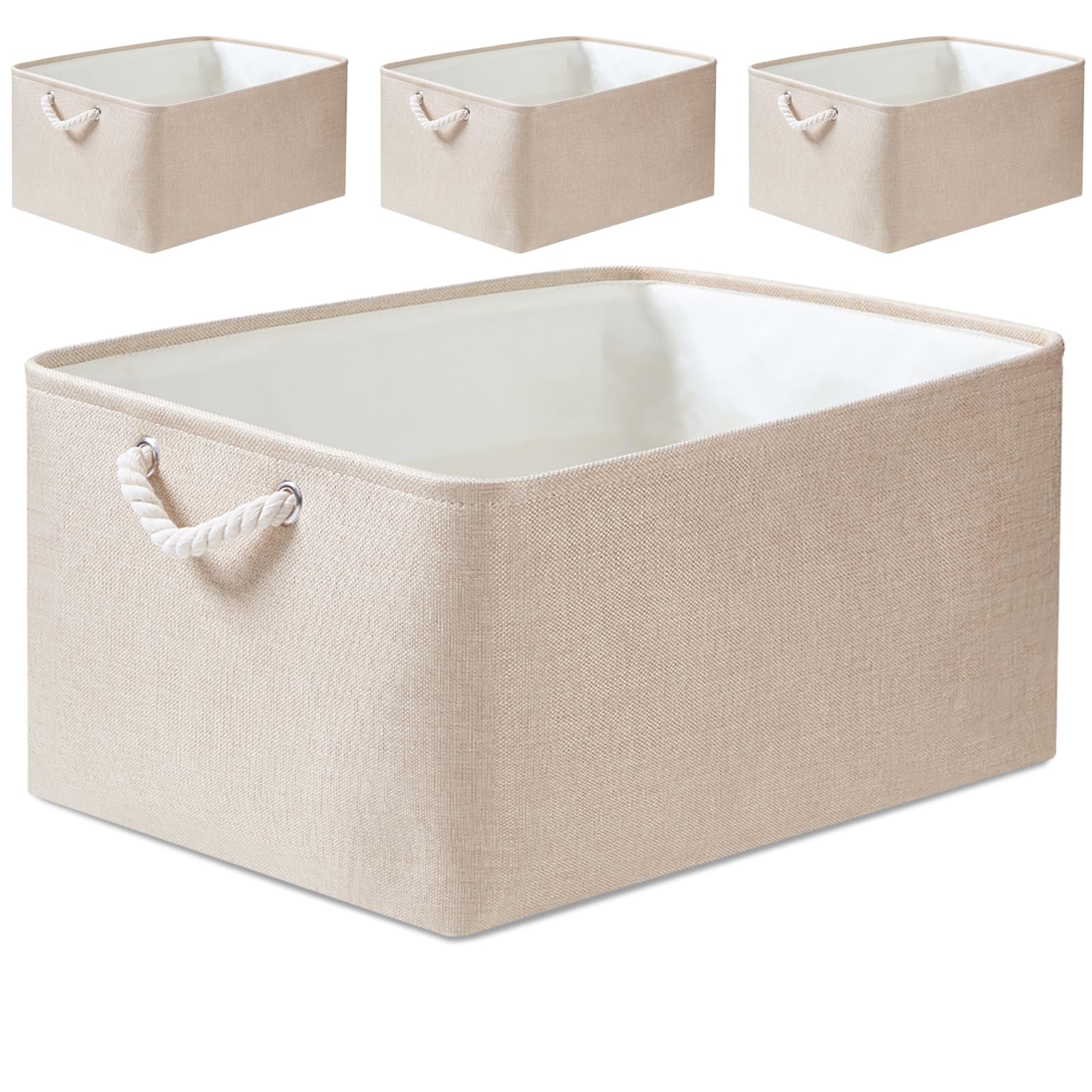 Mangata Linen Storage Baskets - 4 Pack Washable Shelf Organisers, Light Khaki