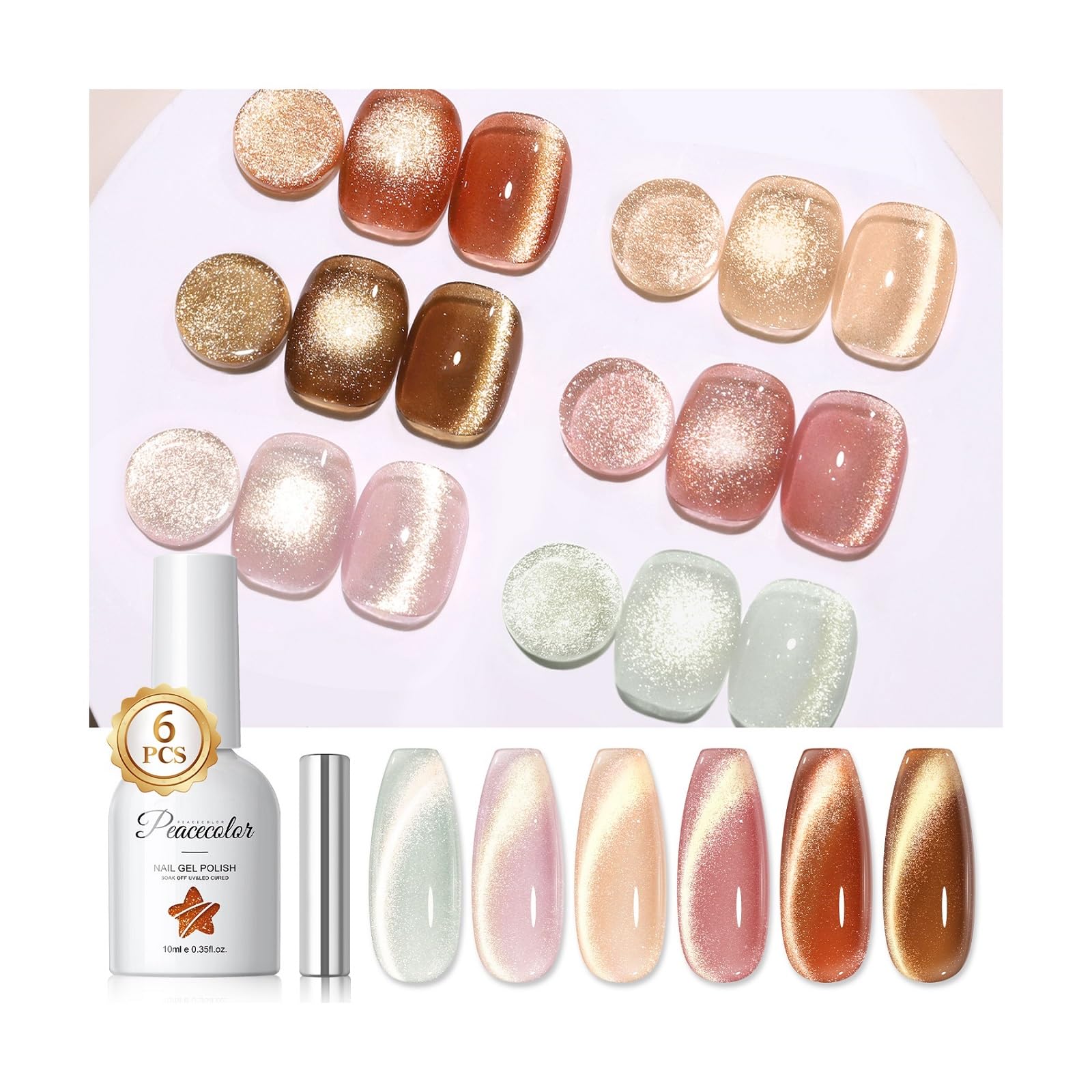 PEACECOLOR Cat Eye Gel Nail Polish Set – 6 Colors Magnetic Holographic Kit