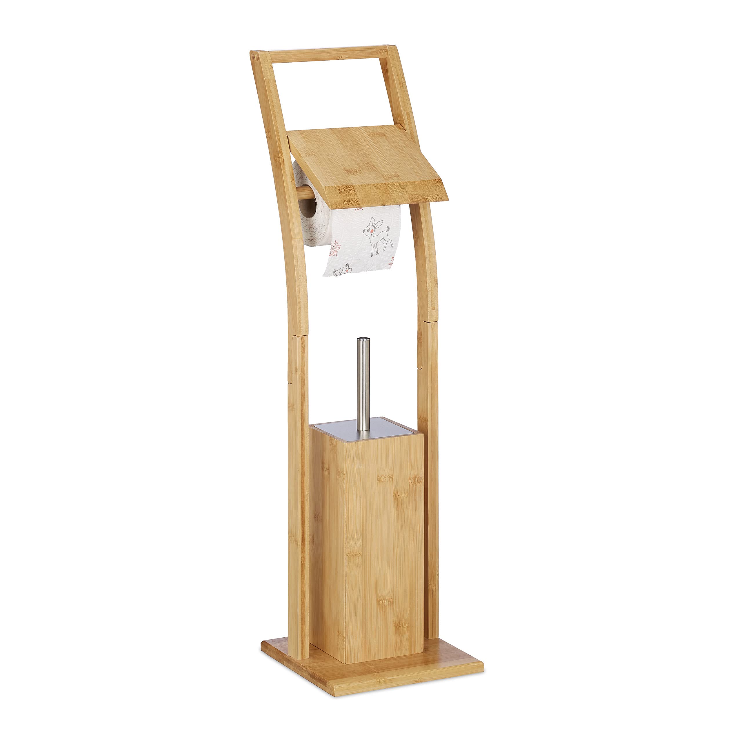 Relaxdays Bamboo Toilet Roll Holder & Brush Set – Free-Standing Wood Stand