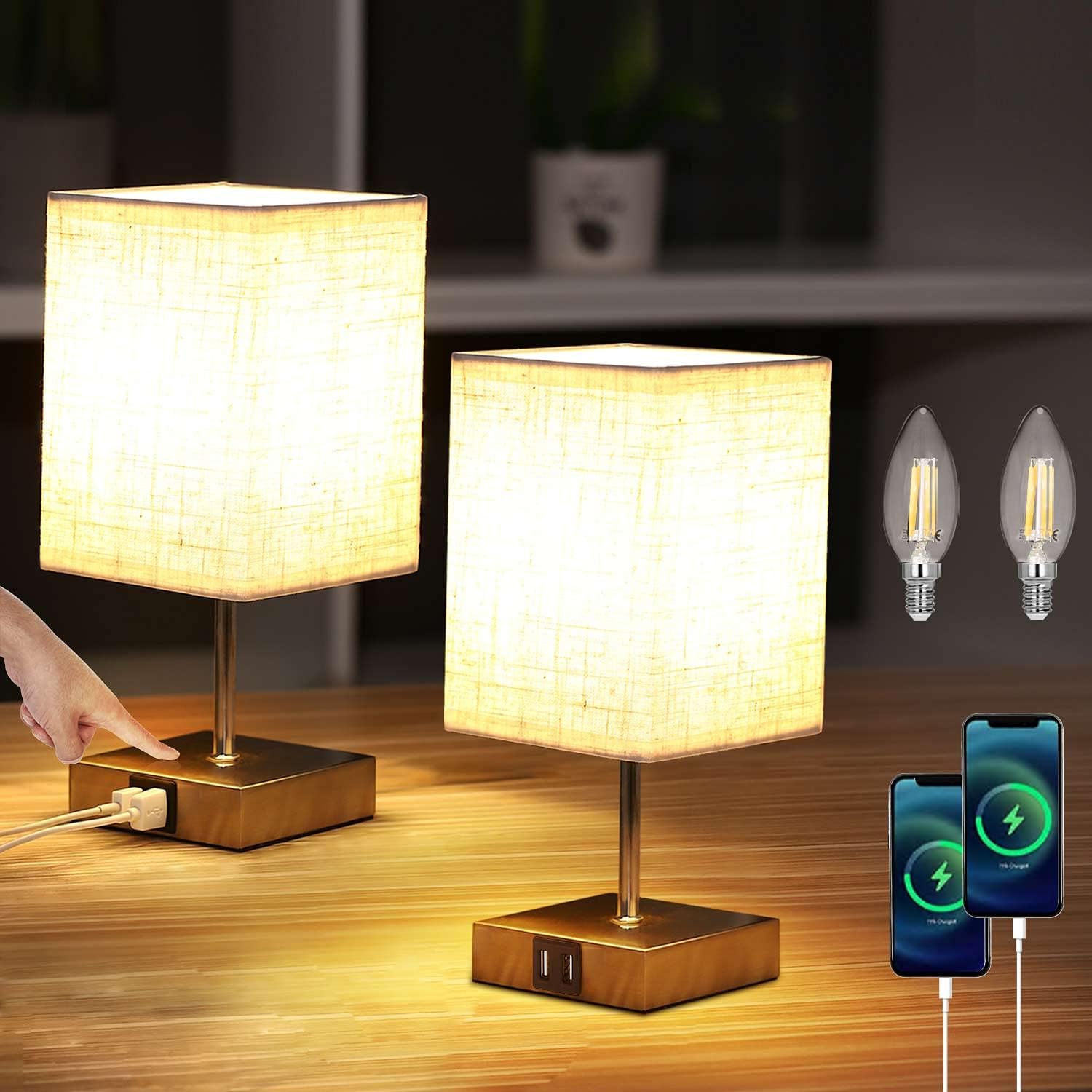 Lightess Touch Bedside Lamps - 3-Way Dimmable with Dual USB Ports, 2-Pack