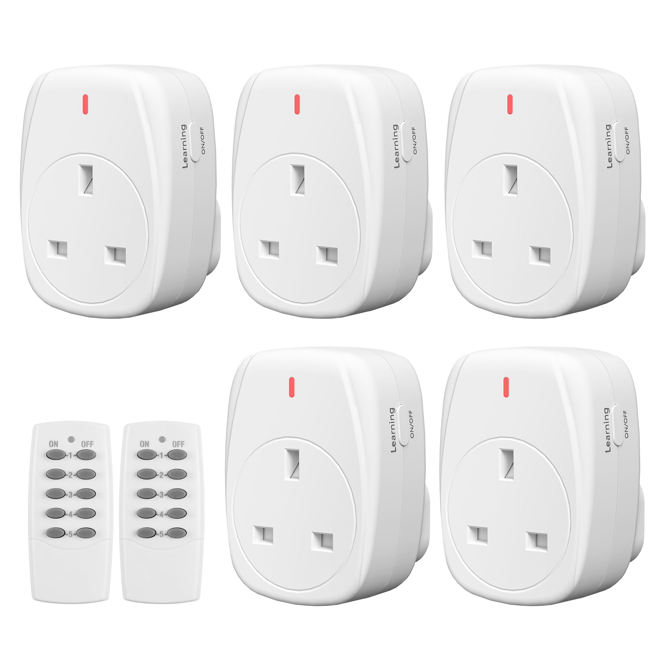 HBN Wireless Remote Control Plug Socket UK - 5 Pack with 2 Remotes