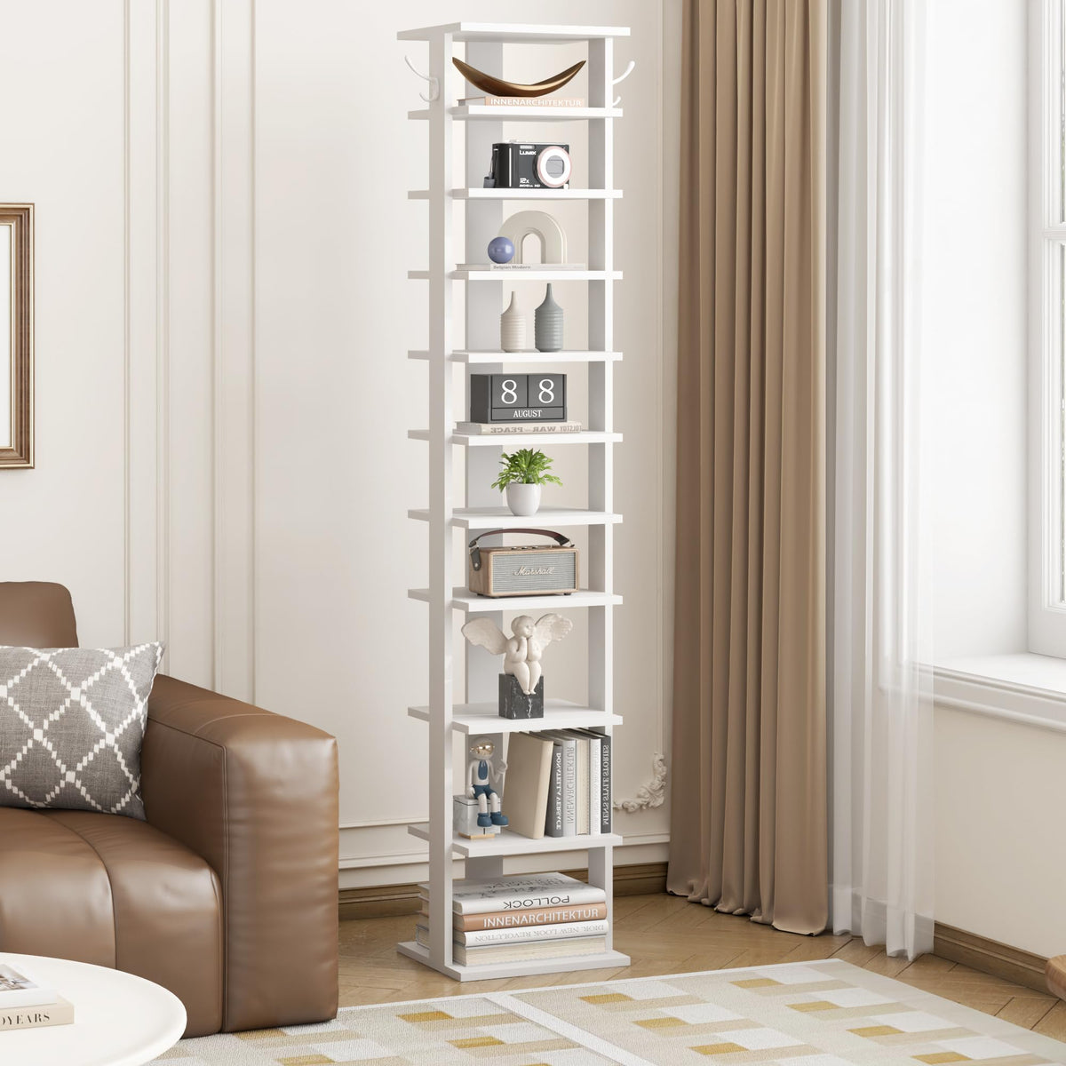 HOME BI 11-Tier Vertical Shoe Rack, Corner Shoe Tower, Slim Shoe Organizer with Two Hanging Hooks, Wooden Shoe Storage Stand for Entryway, Hallway - image 3