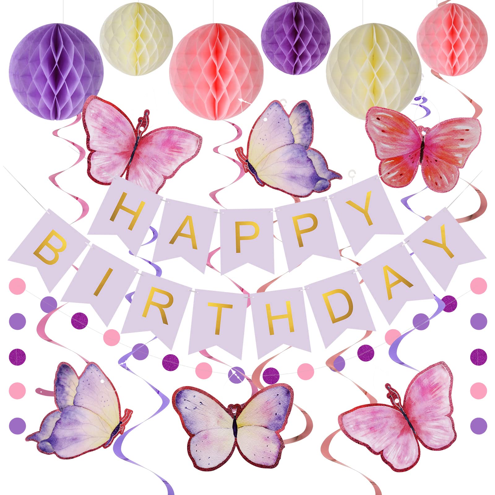 Purple Birthday Decoration Kit - Butterfly Banner & Swirls