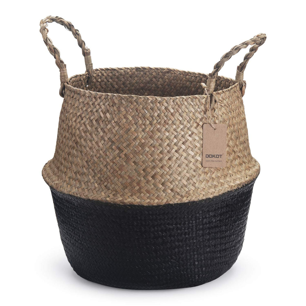 Seagrass Belly Basket Natural Woven Plant Pot Foldable with Handles for Storage Laundry Blankets Toys Natural + Black