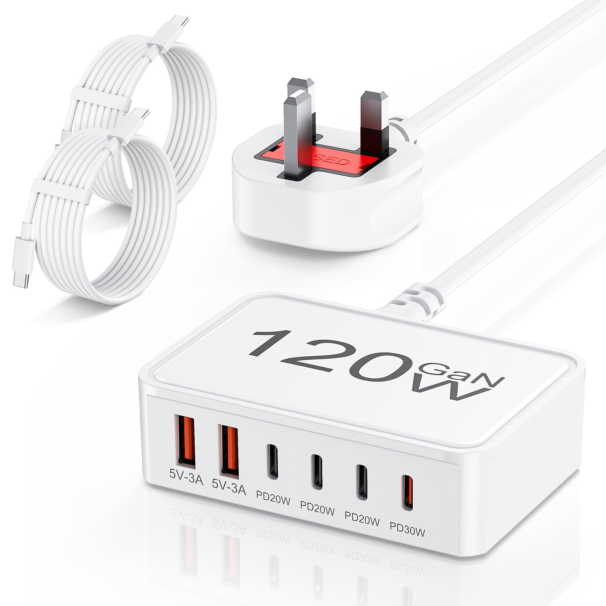 120W GaN USB C Charger - 6 Port Desktop Charging Station