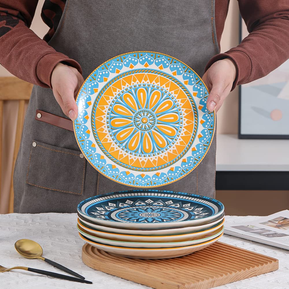 AHX 10-Inch Ceramic Dinner Plates Set of 6 | Colorful Vintage Patterns