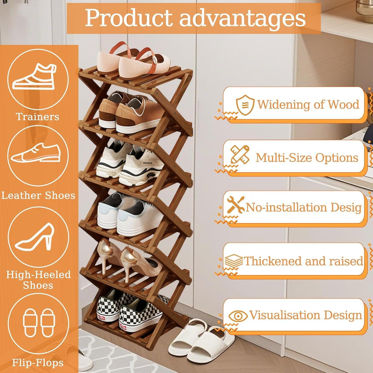 Kiss Me 4-Tier Foldable Bamboo Shoe Rack Narrow Vertical Organizer - image 4