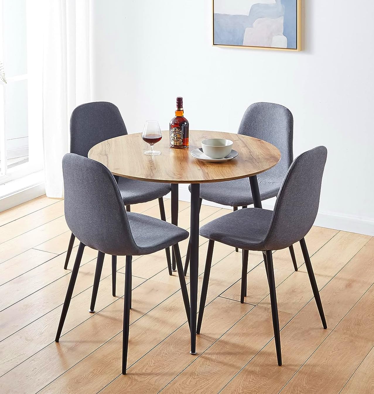 Hallowood Cullompton Round Dining Set - 4 Grey Fabric Chairs & Oak Top