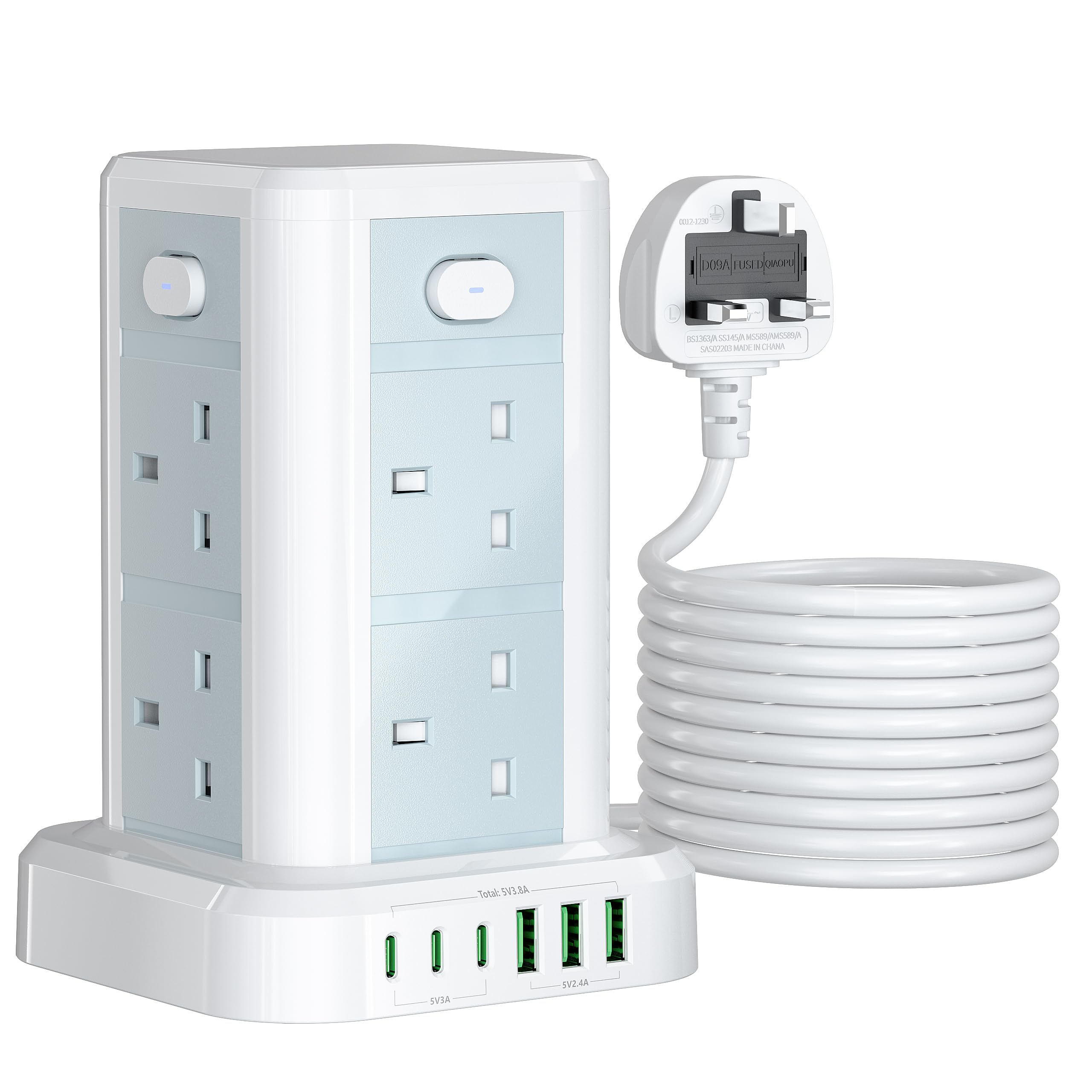 Toomke 8-Way Tower Extension Cord 6M | 6 USB Ports (3 USB-C) 3250W