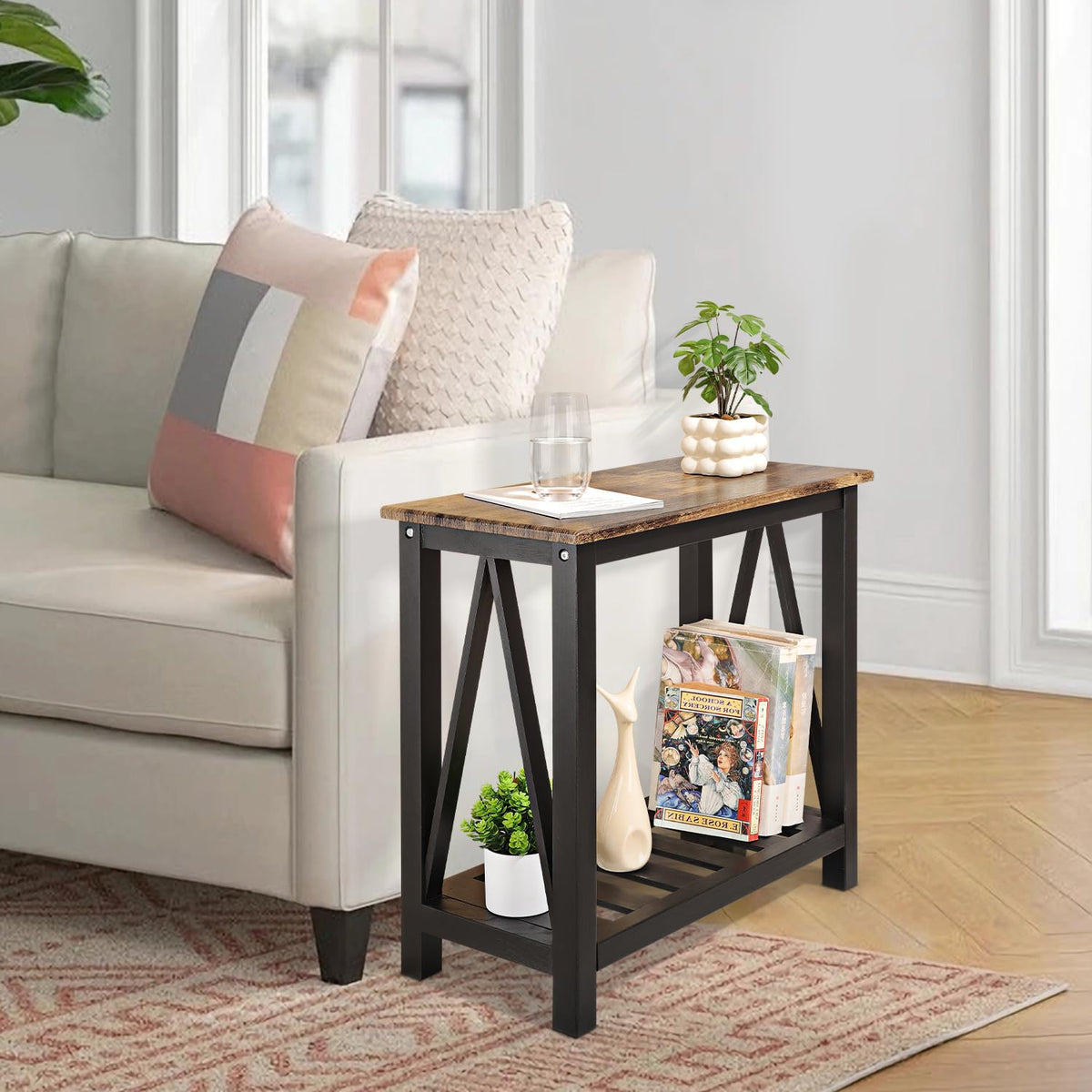 Narrow End table Rectangular Side Tables with Storage Shelf Small Sofa Table Industrial Nightstands Bedside Table for Small Spaces Living Room - image 3