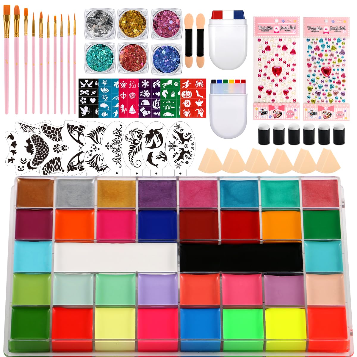 Depvision 36 Color Professional Face Painting Kit with UV Glow & Brushes