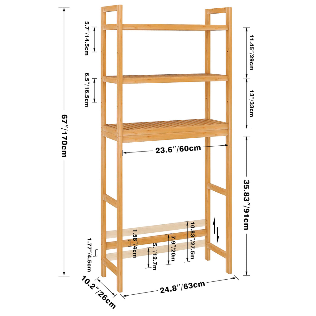 SMIBUY Bamboo Over-The-Toilet Storage Rack – 3-Tier Adjustable Shelf, Natural