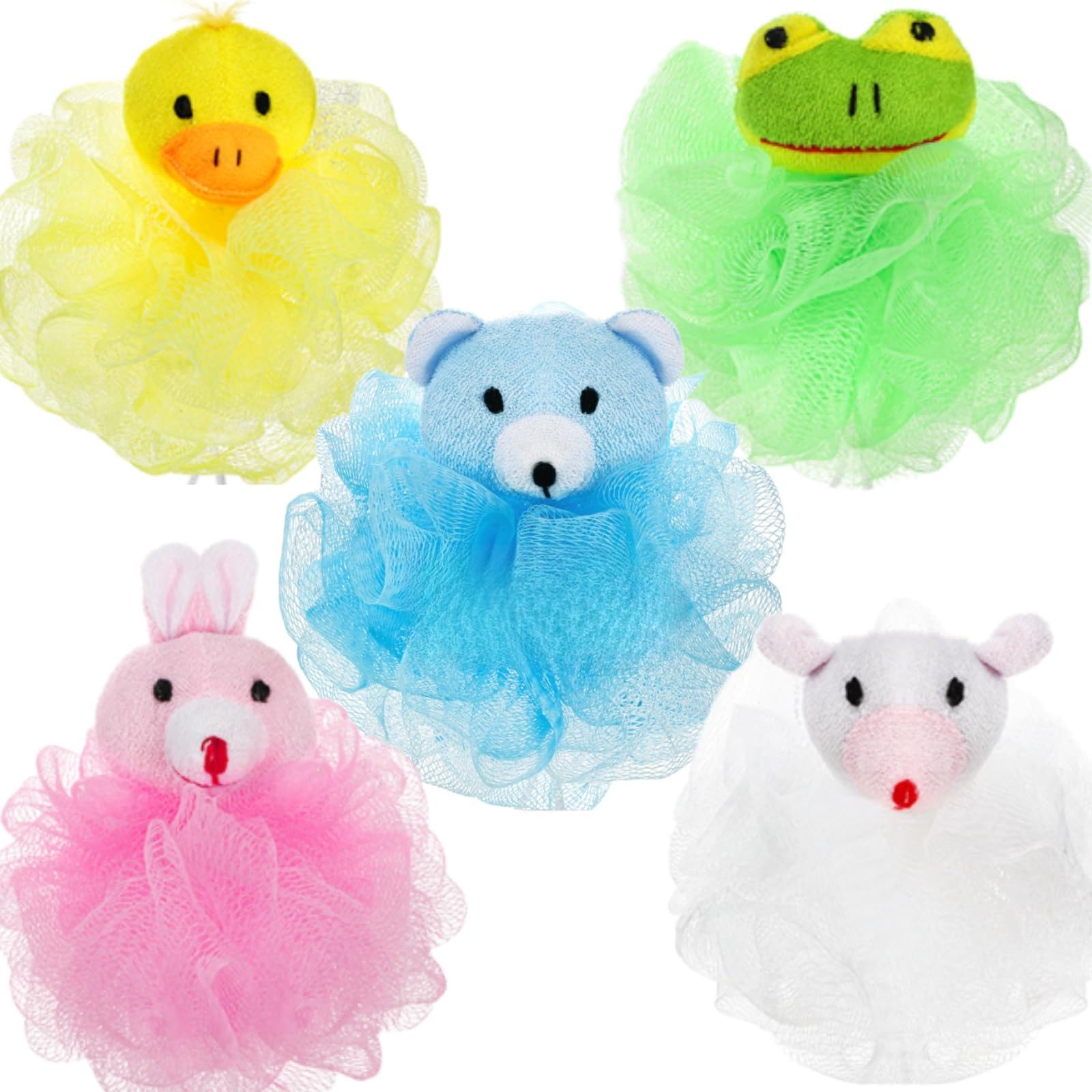 Mezchi 15-Piece Kids Animal Shower Loofah Sponge – Soft PE Mesh Pouf