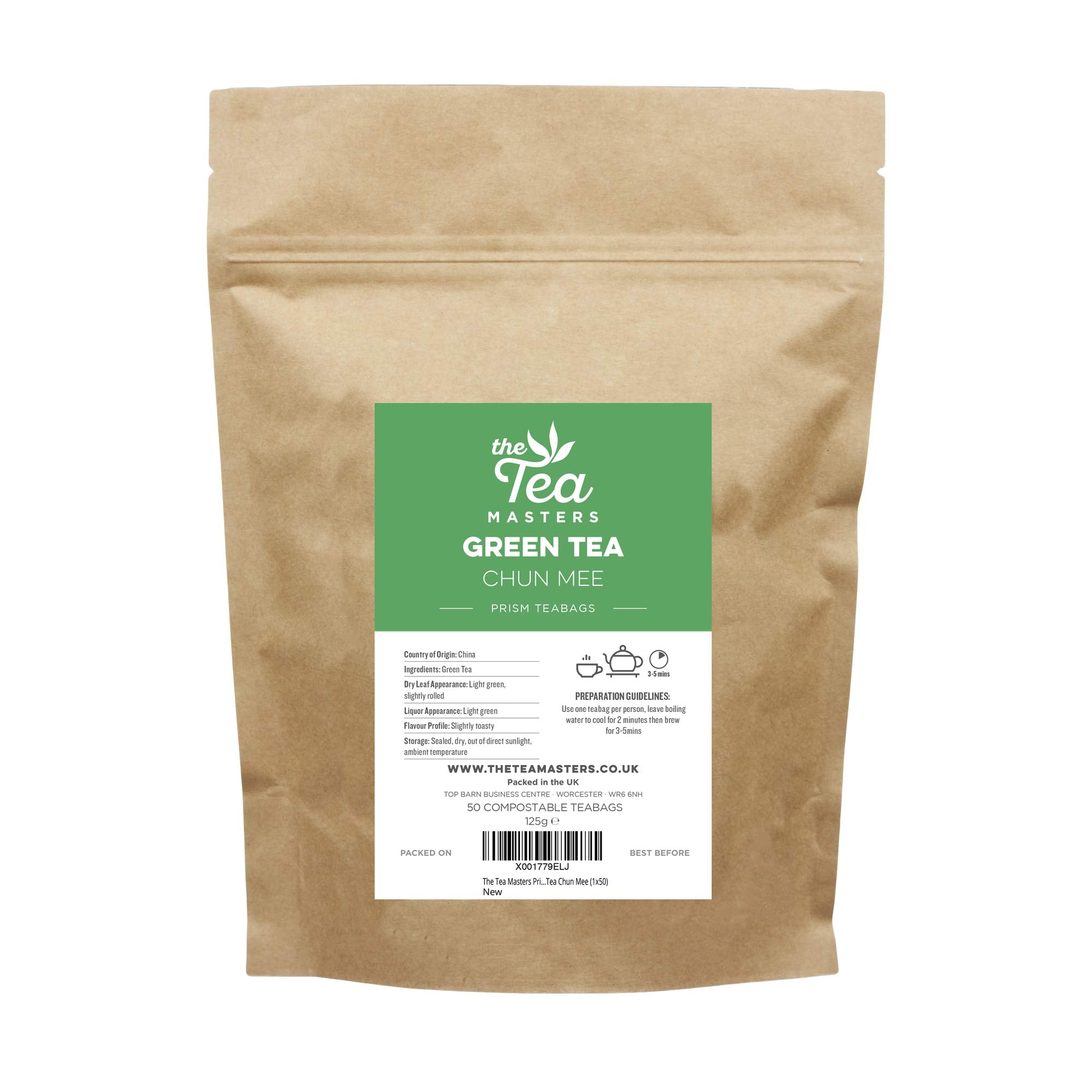 The Tea Masters Green Tea Chun Mee – Organic Prism Teabags (50 Pack)