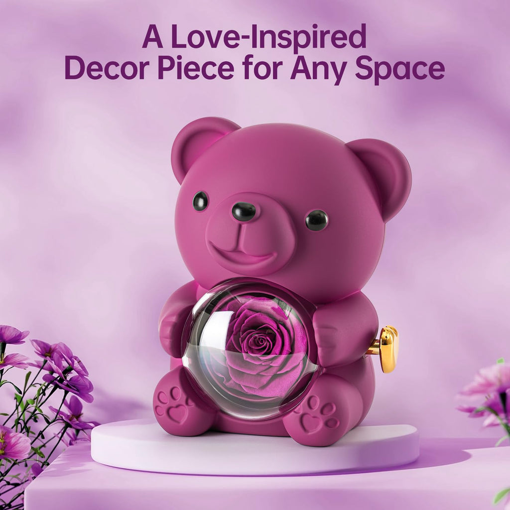 Ariceleo Purple Teddy Bear with Preserved Rose and Heart Necklace