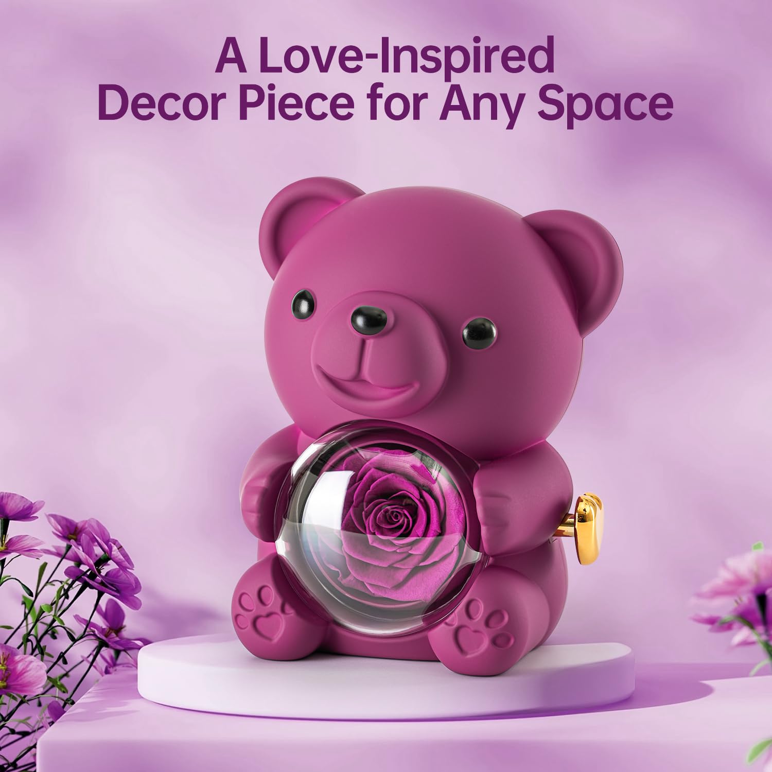 Ariceleo Purple Teddy Bear with Preserved Rose and Heart Necklace